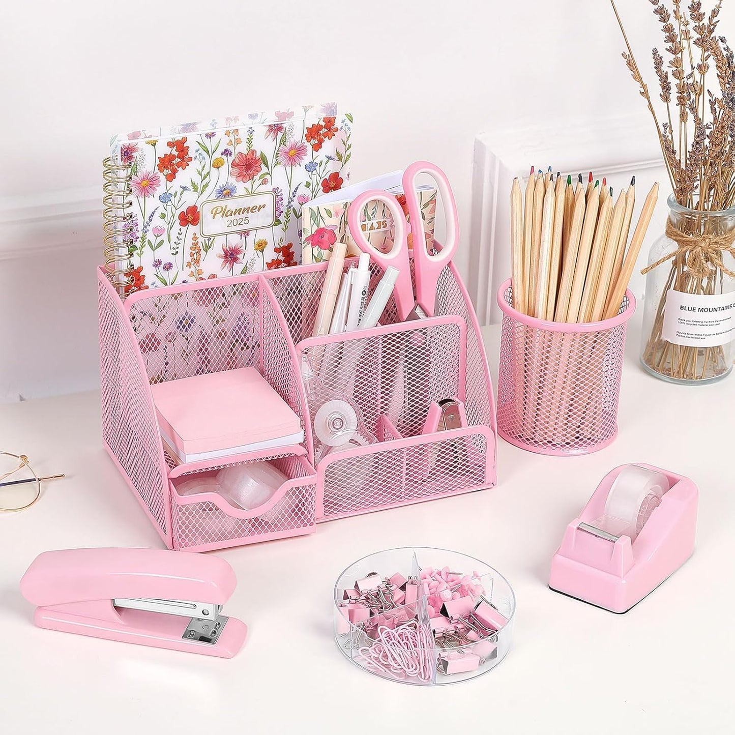 Pink Desk Accessories, Pink Office Supplies Set, Mesh Desk Organizer, Stapler, Tape Dispenser, Scissors, Binder/Paper Clips and 1000Pcs Staples, Desk Organizer for Women, Gifts