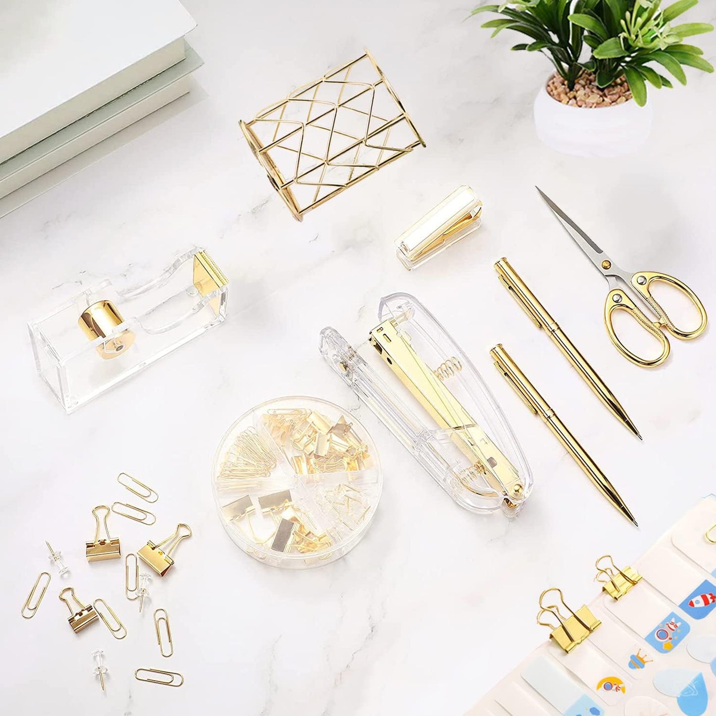 Gold Acrylic Desk Accessories Set - Stapler, Tape Holder, Pen Holder & Scissors