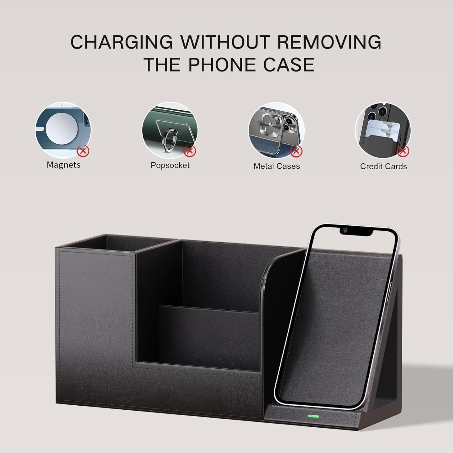 Sleek Black Vegan Leather Pen Organizer with Wireless Phone Charger - 4-Compartment Desk Storage Solution for Office and Home