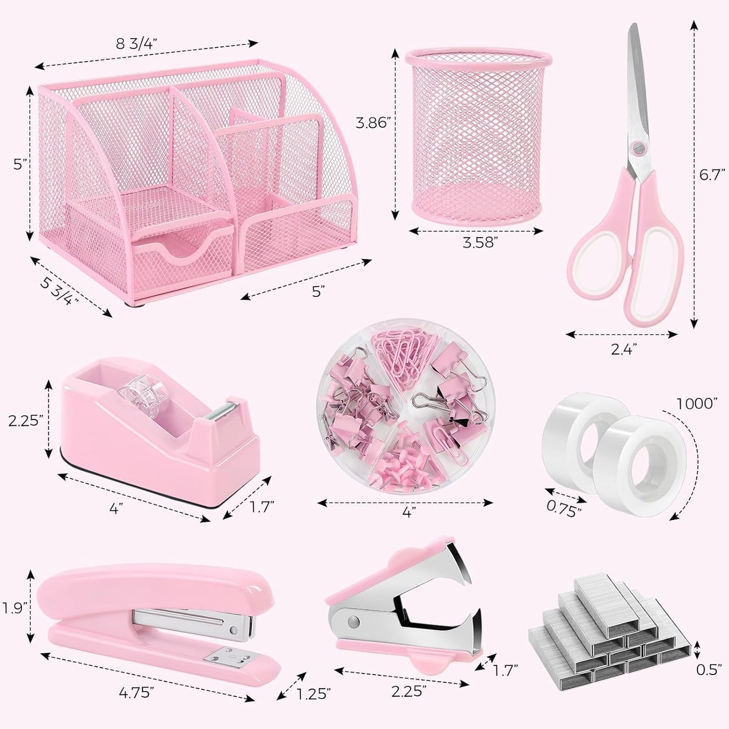 Pink Desk Accessories, Pink Office Supplies Set, Mesh Desk Organizer, Stapler, Tape Dispenser, Scissors, Binder/Paper Clips and 1000Pcs Staples, Desk Organizer for Women, Gifts