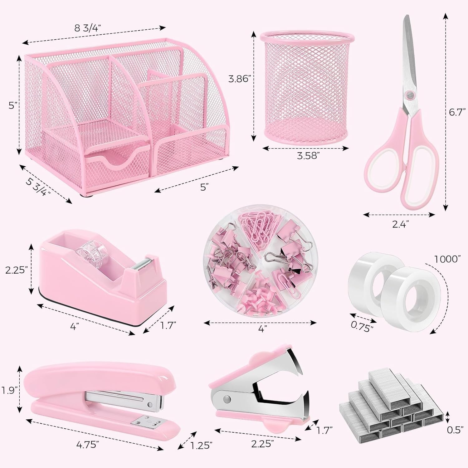 Pink Desk Accessories, Pink Office Supplies Set, Mesh Desk Organizer, Stapler, Tape Dispenser, Scissors, Binder/Paper Clips and 1000Pcs Staples, Desk Organizer for Women, Gifts