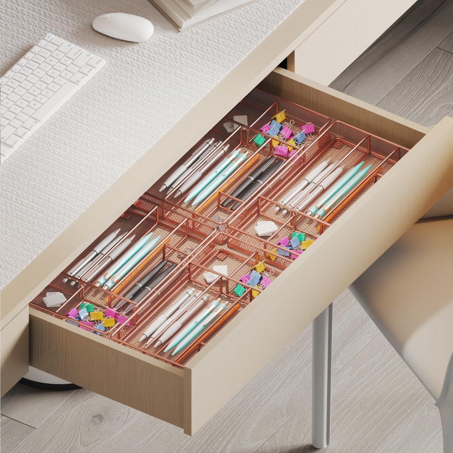 Elevate Your Workspace with Our Rose Gold Desk Drawer Organizer - 6 Compartment Mesh Organizer for Office Supplies and Tools