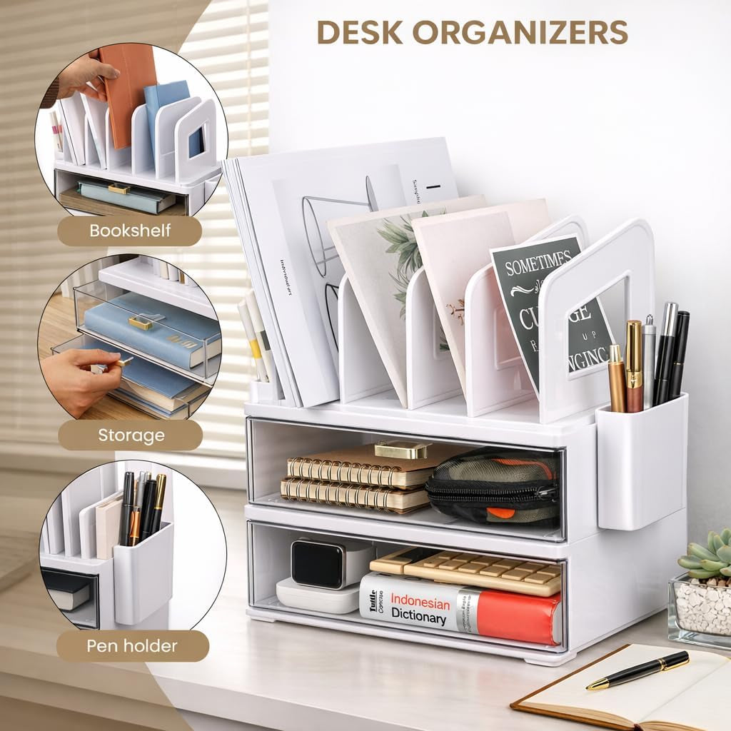 Sleek White Acrylic Desk Organizer with Adjustable Drawer and Vertical File Holder - Perfect for Home and Office