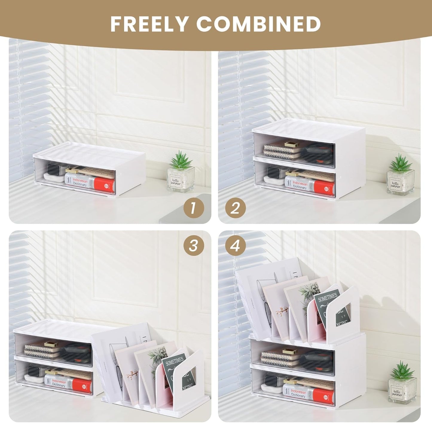 Sleek White Acrylic Desk Organizer with Adjustable Drawer and Vertical File Holder - Perfect for Home and Office