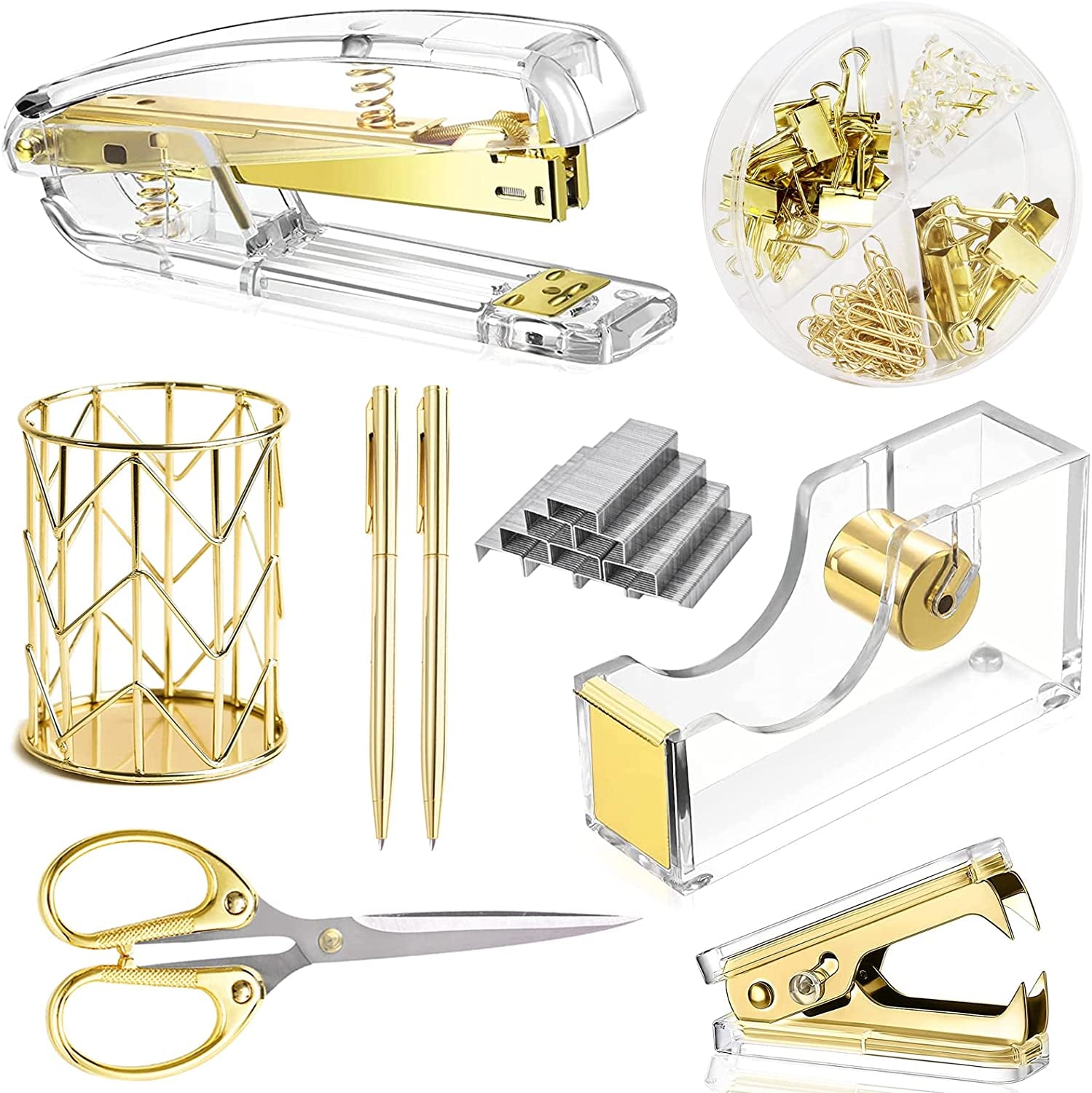 Gold Acrylic Desk Accessories Set - Stapler, Tape Holder, Pen Holder & Scissors