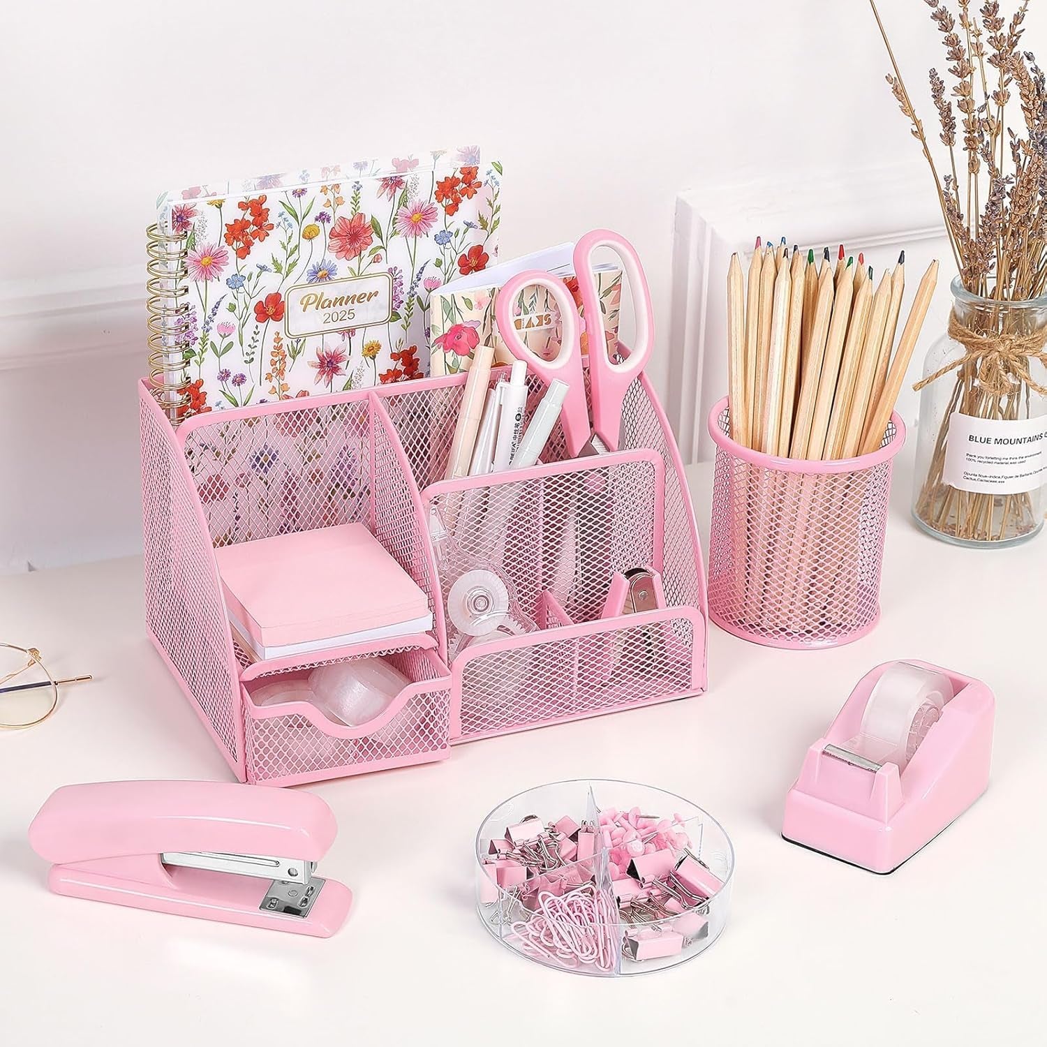 Pink Desk Accessories, Pink Office Supplies Set, Mesh Desk Organizer, Stapler, Tape Dispenser, Scissors, Binder/Paper Clips and 1000Pcs Staples, Desk Organizer for Women, Gifts