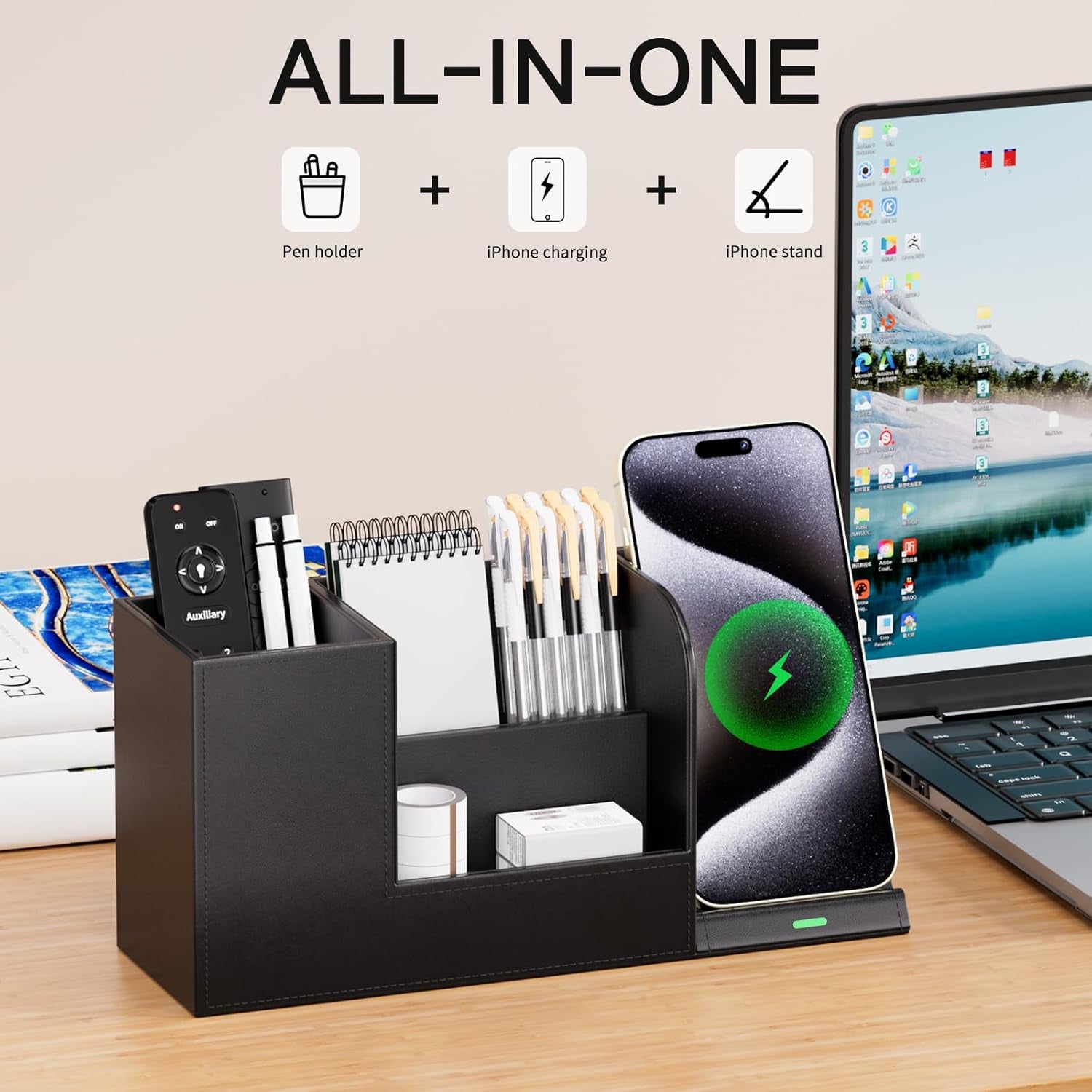 Sleek Black Vegan Leather Pen Organizer with Wireless Phone Charger - 4-Compartment Desk Storage Solution for Office and Home