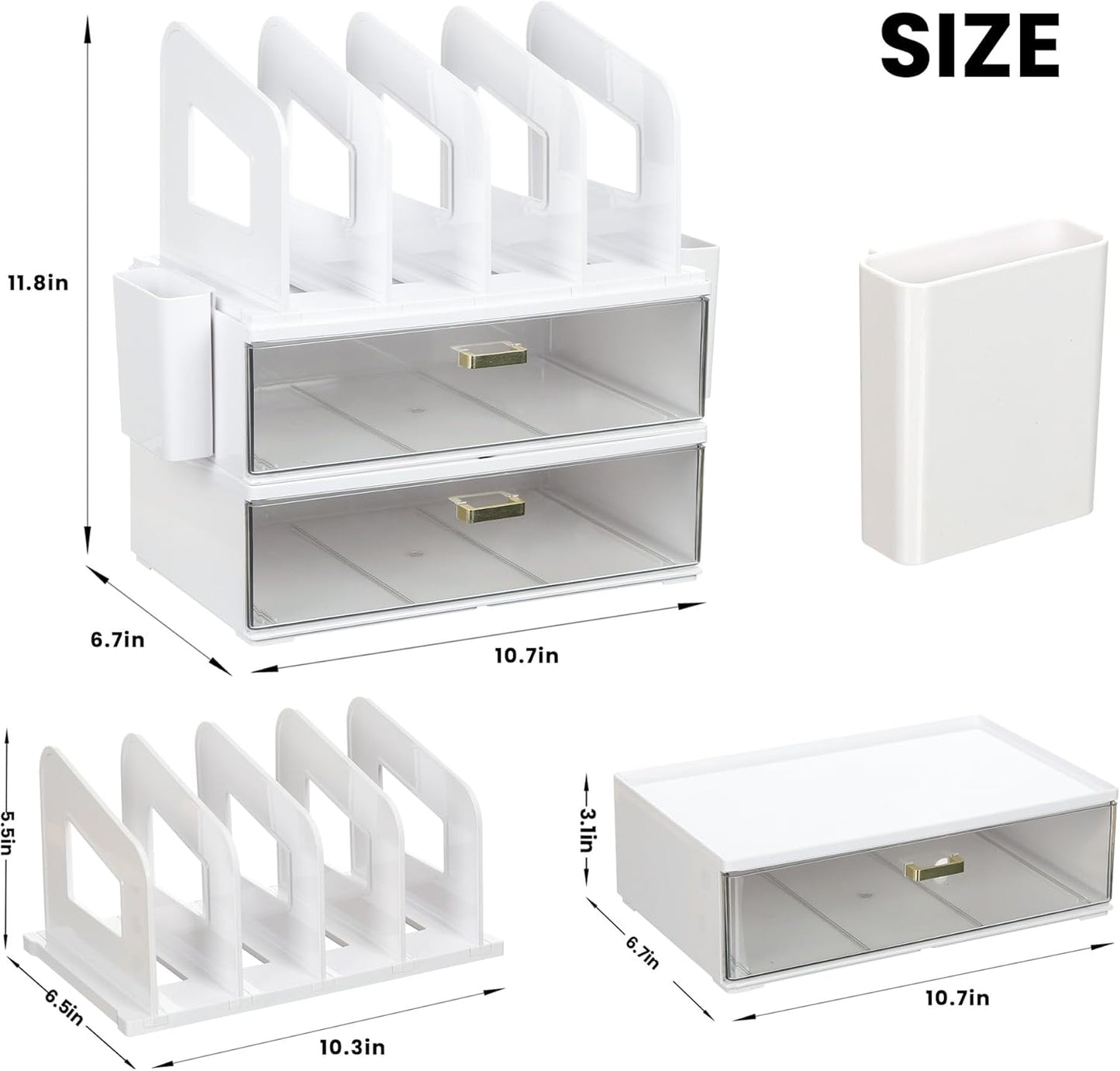 Sleek White Acrylic Desk Organizer with Adjustable Drawer and Vertical File Holder - Perfect for Home and Office