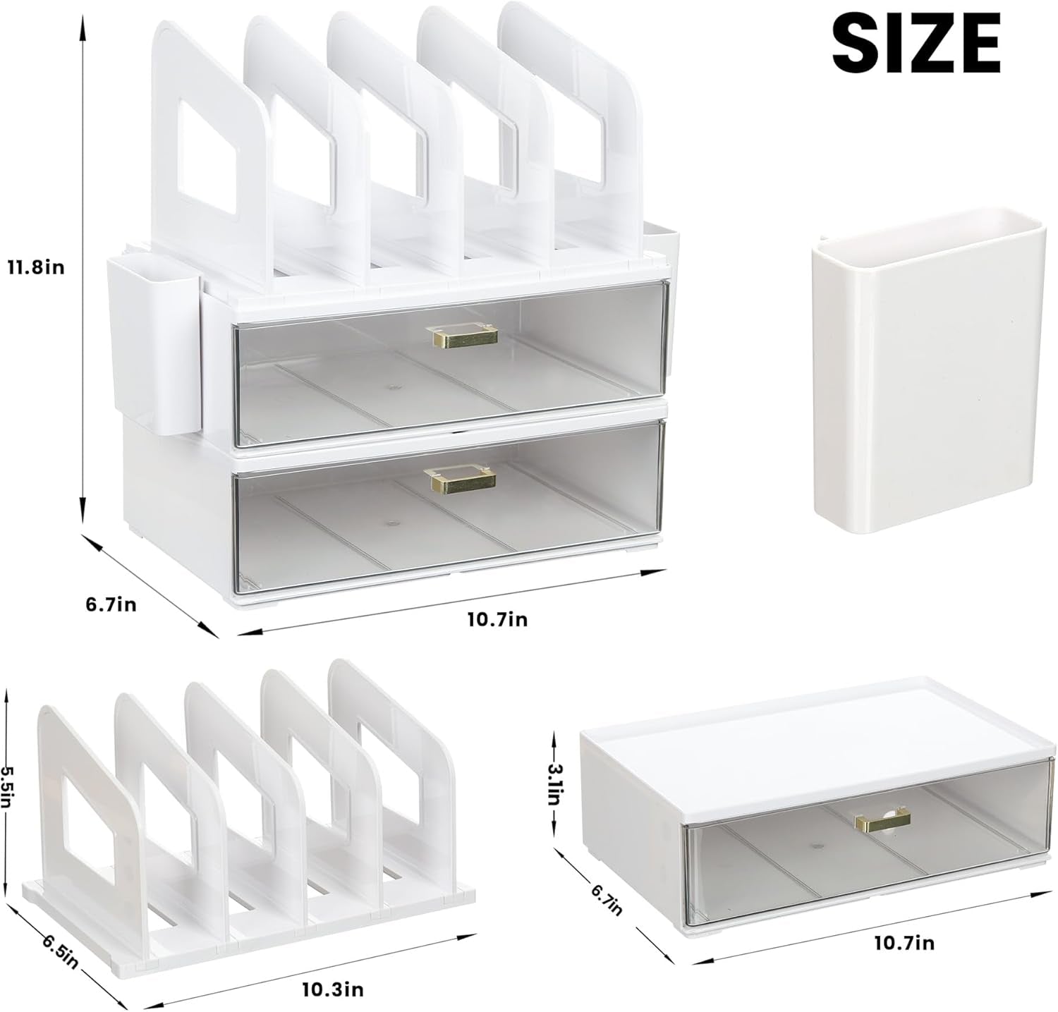 Sleek White Acrylic Desk Organizer with Adjustable Drawer and Vertical File Holder - Perfect for Home and Office