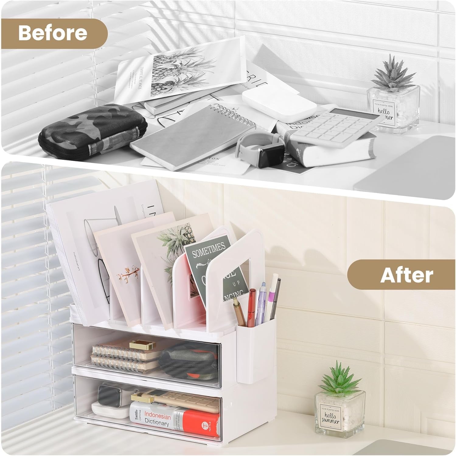 Sleek White Acrylic Desk Organizer with Adjustable Drawer and Vertical File Holder - Perfect for Home and Office