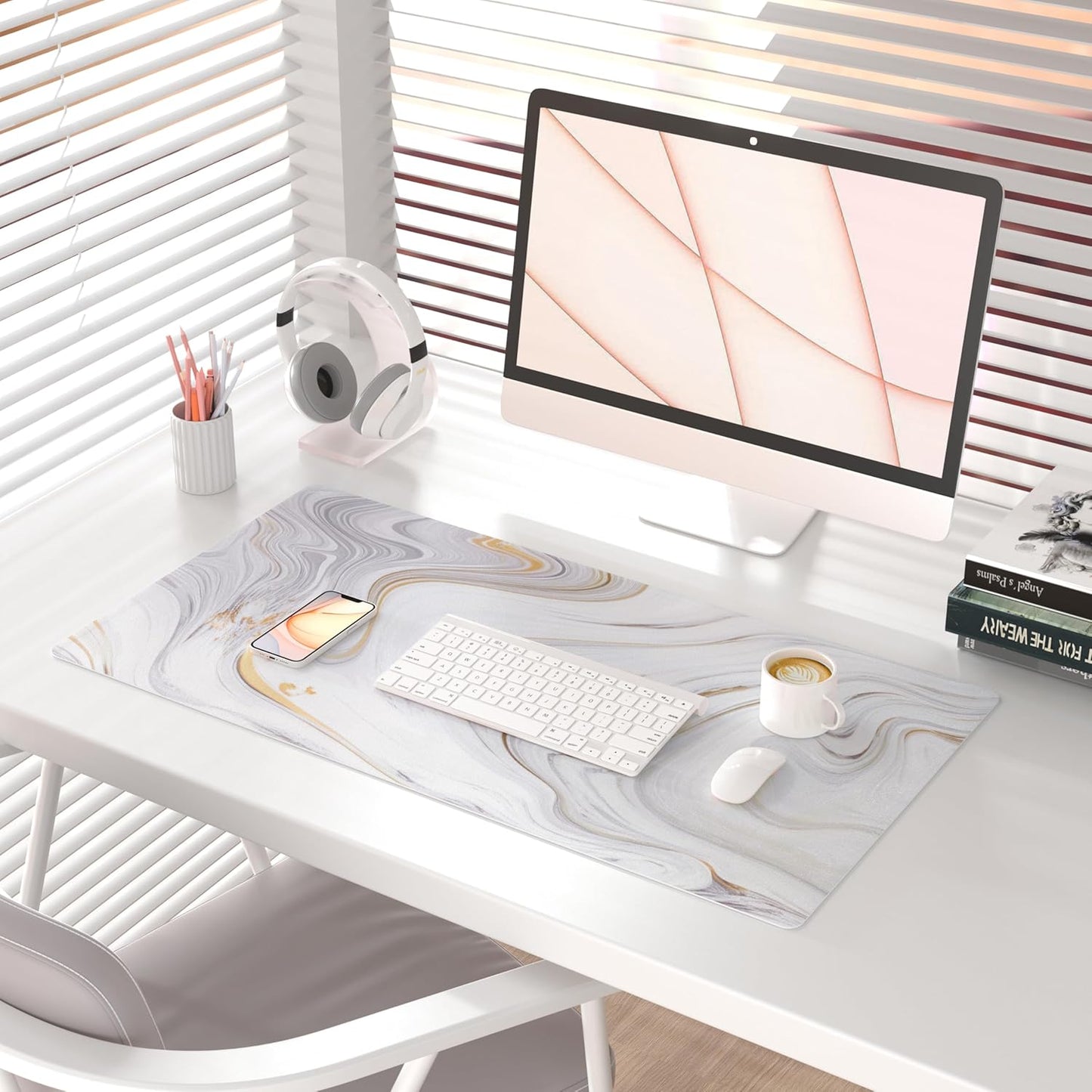 Luxurious White Marble Mouse Pad - Extra Large PU Leather Desk Mat for Ultimate Comfort and Style