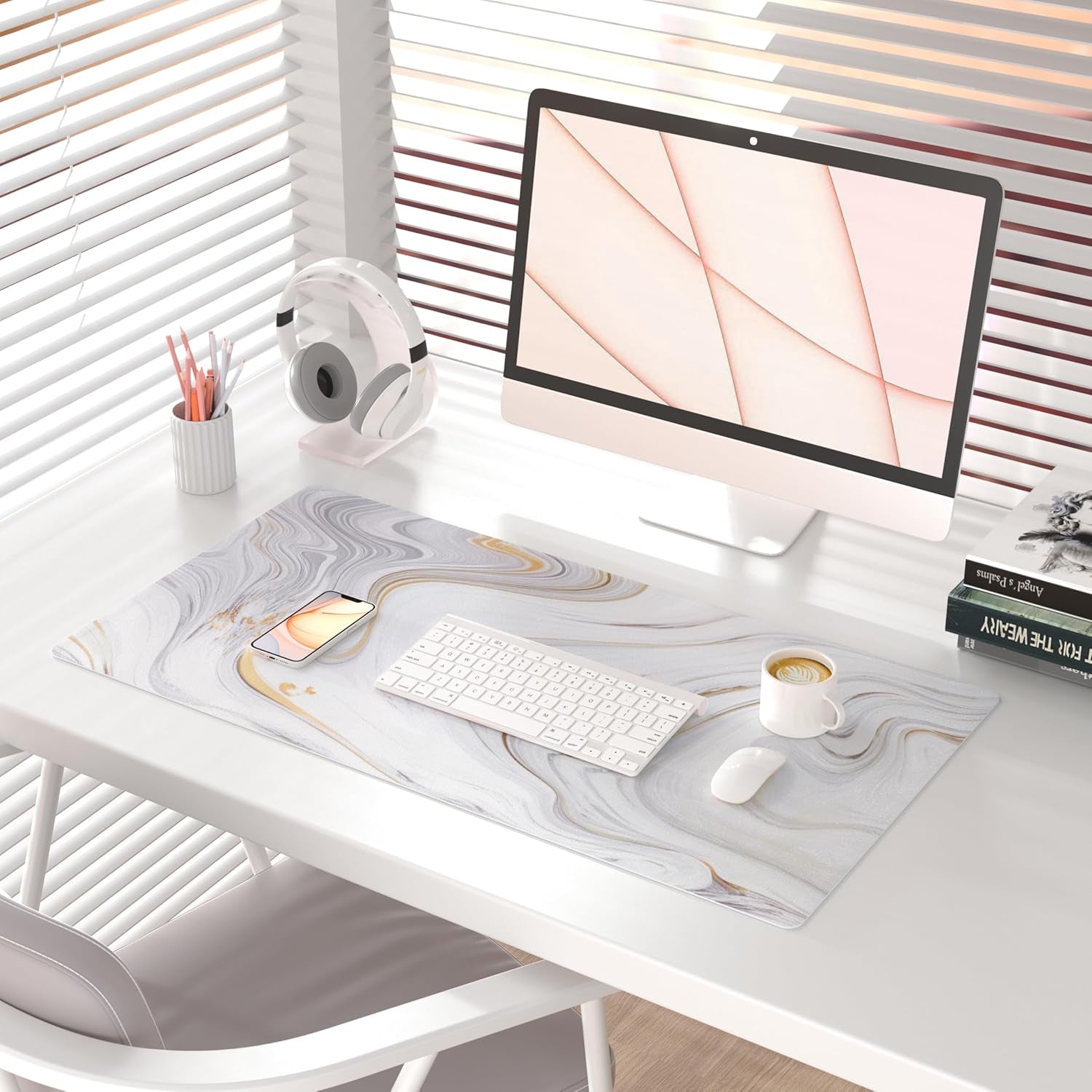 Luxurious White Marble Mouse Pad - Extra Large PU Leather Desk Mat for Ultimate Comfort and Style