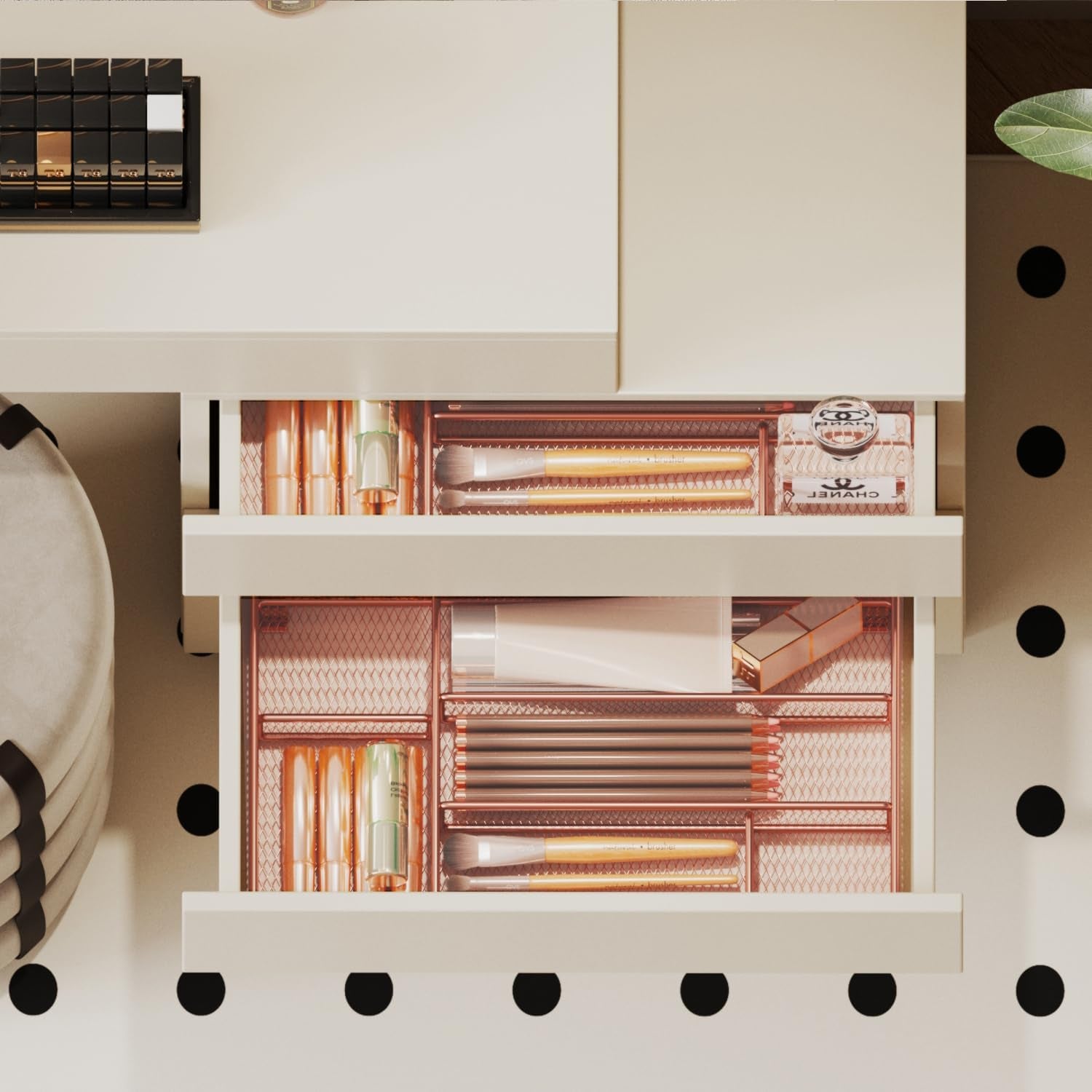 Elevate Your Workspace with Our Rose Gold Desk Drawer Organizer - 6 Compartment Mesh Organizer for Office Supplies and Tools
