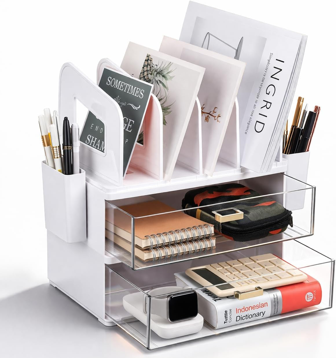 Sleek White Acrylic Desk Organizer with Adjustable Drawer and Vertical File Holder - Perfect for Home and Office