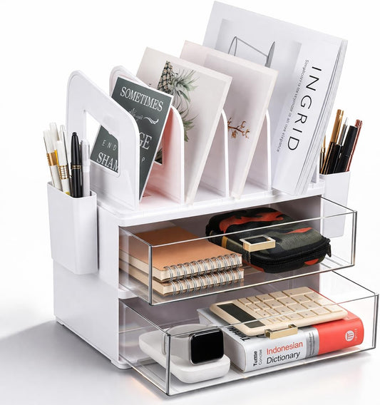 Sleek White Acrylic Desk Organizer with Adjustable Drawer and Vertical File Holder - Perfect for Home and Office