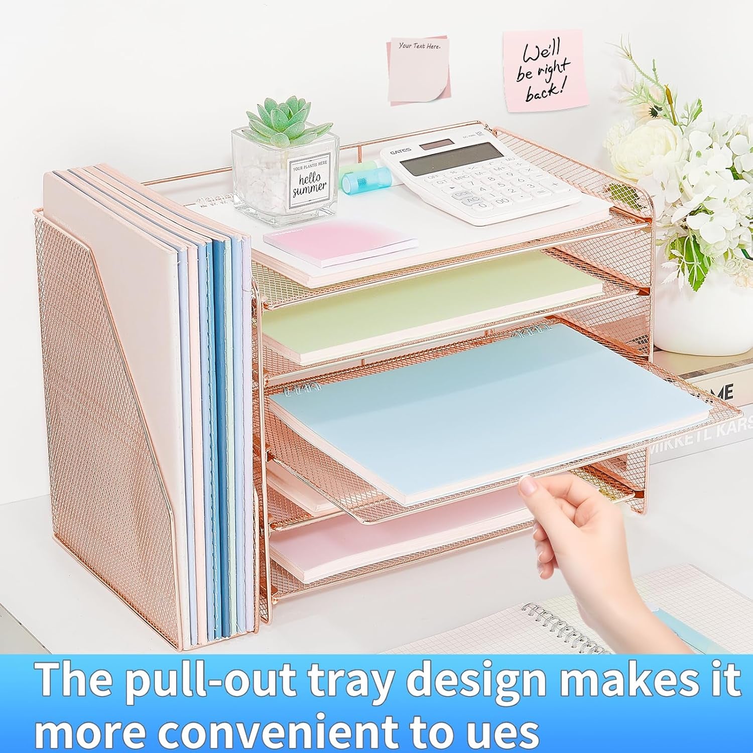 Desk Organizer, 5-Tier Paper Organizer Letter Tray with Magazine Holder, Office Desk Accessories & Workspace Organizers, Desktop File Organizer for Office Supplies Storage, Rose Gold