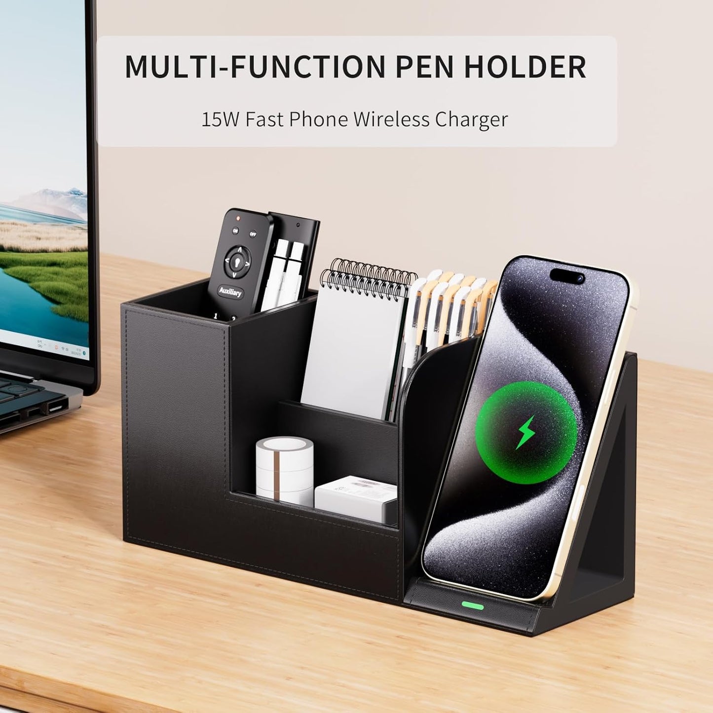 Sleek Black Vegan Leather Pen Organizer with Wireless Phone Charger - 4-Compartment Desk Storage Solution for Office and Home