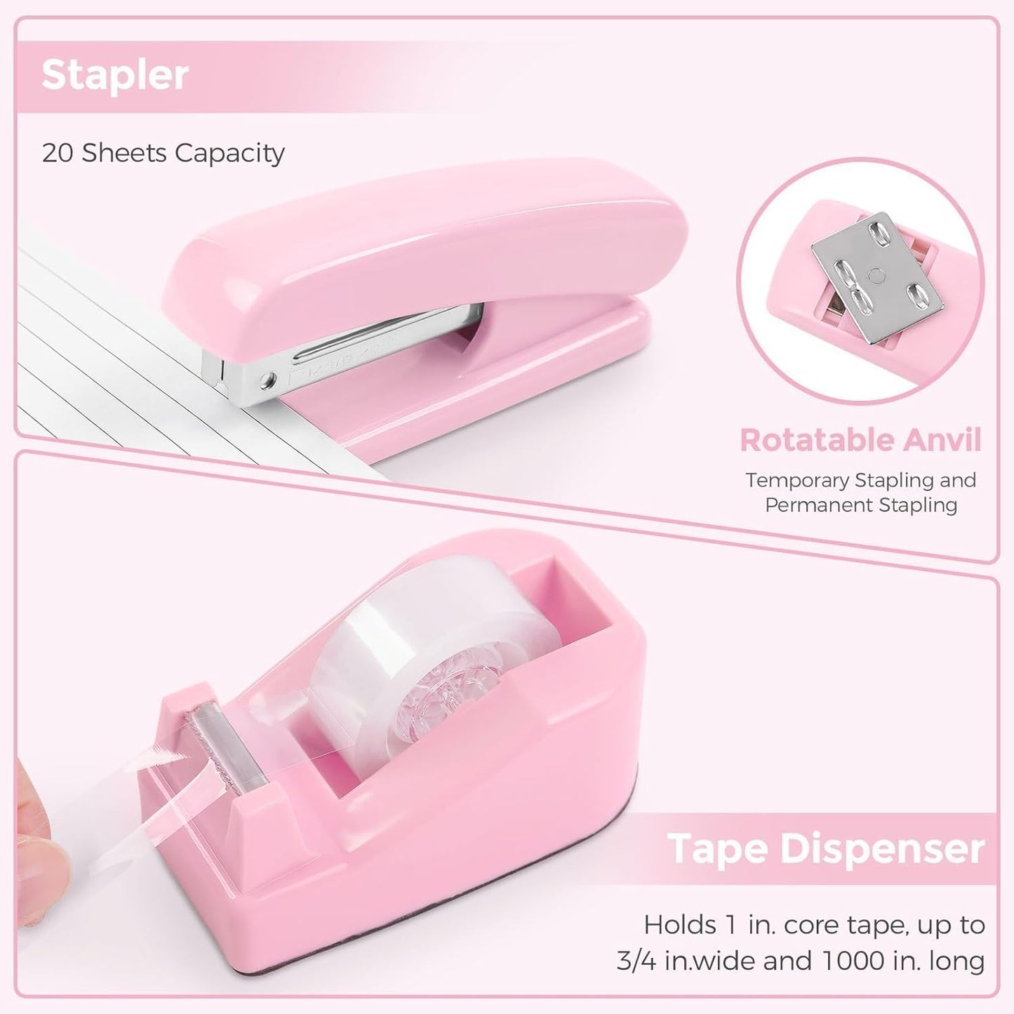 Pink Desk Accessories, Pink Office Supplies Set, Mesh Desk Organizer, Stapler, Tape Dispenser, Scissors, Binder/Paper Clips and 1000Pcs Staples, Desk Organizer for Women, Gifts