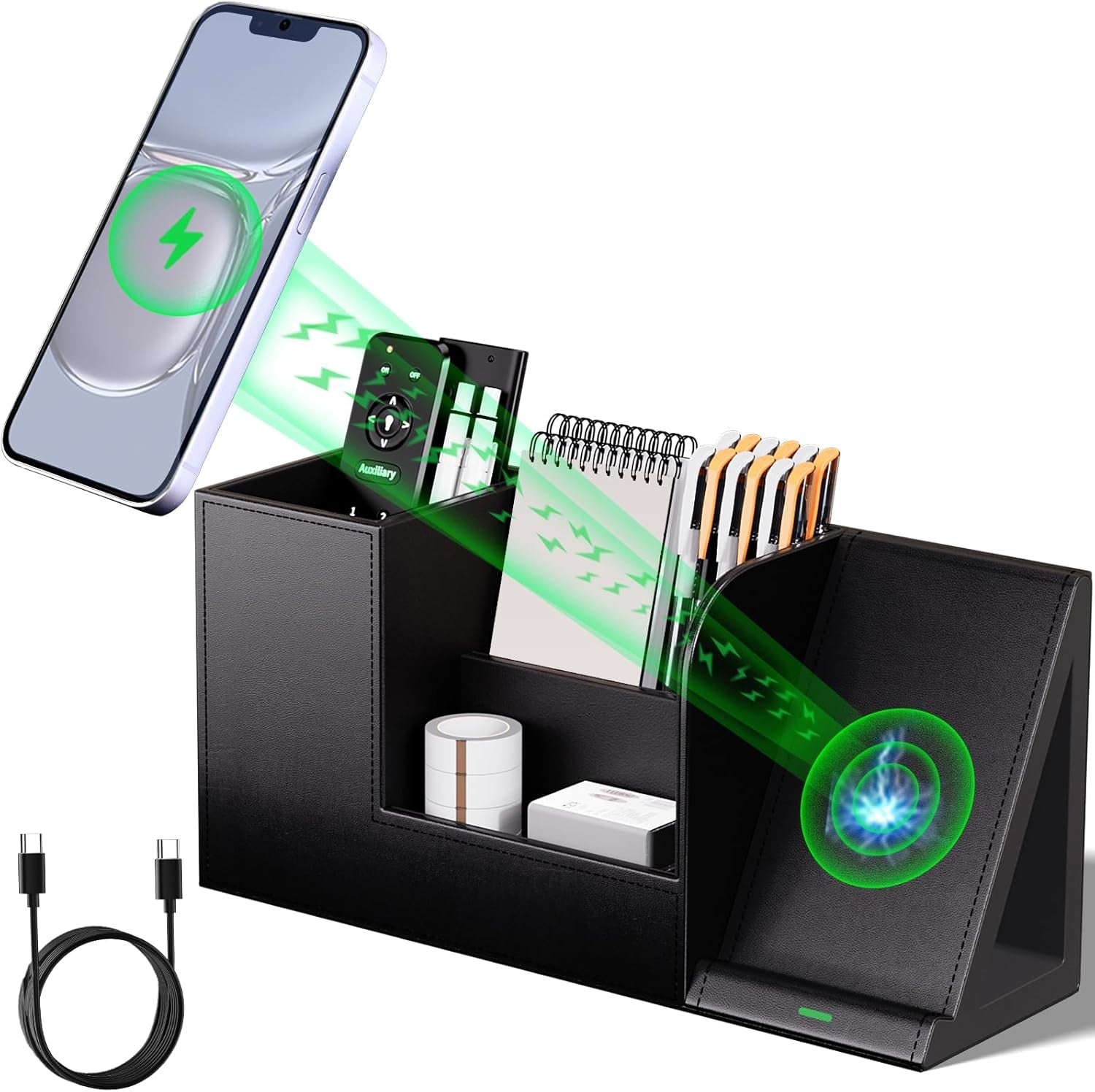 Sleek Black Vegan Leather Pen Organizer with Wireless Phone Charger - 4-Compartment Desk Storage Solution for Office and Home