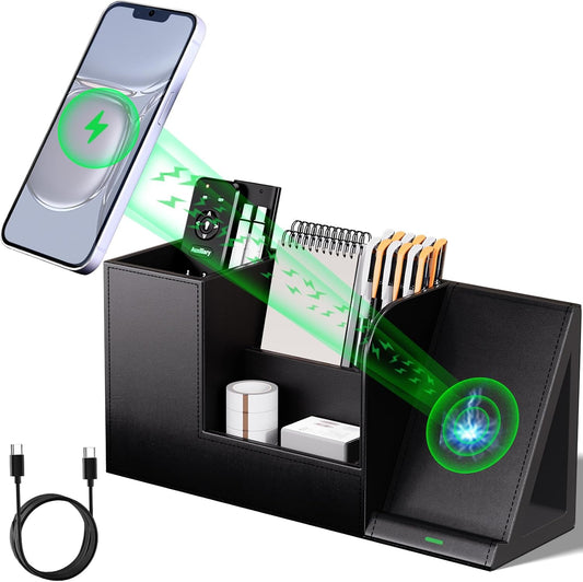 Sleek Black Vegan Leather Pen Organizer with Wireless Phone Charger - 4-Compartment Desk Storage Solution for Office and Home