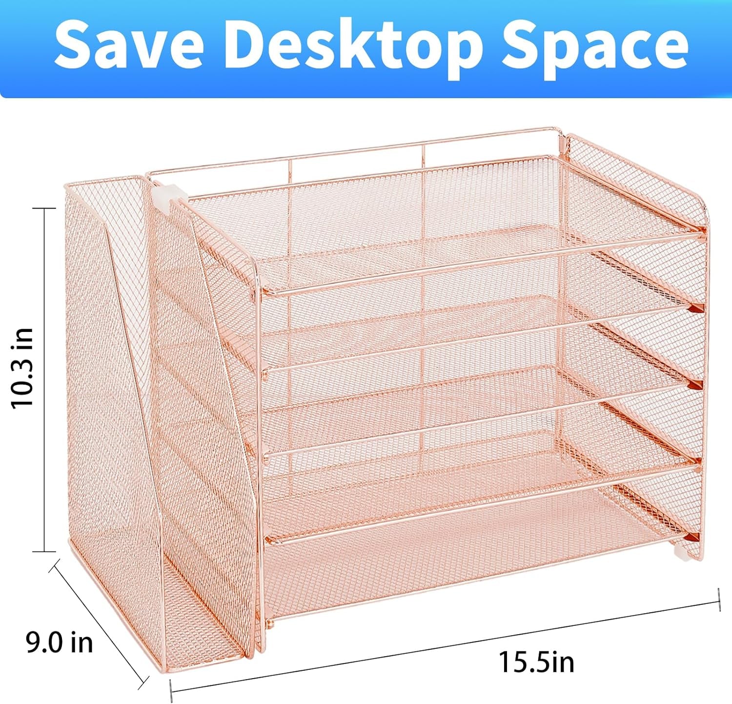 Desk Organizer, 5-Tier Paper Organizer Letter Tray with Magazine Holder, Office Desk Accessories & Workspace Organizers, Desktop File Organizer for Office Supplies Storage, Rose Gold