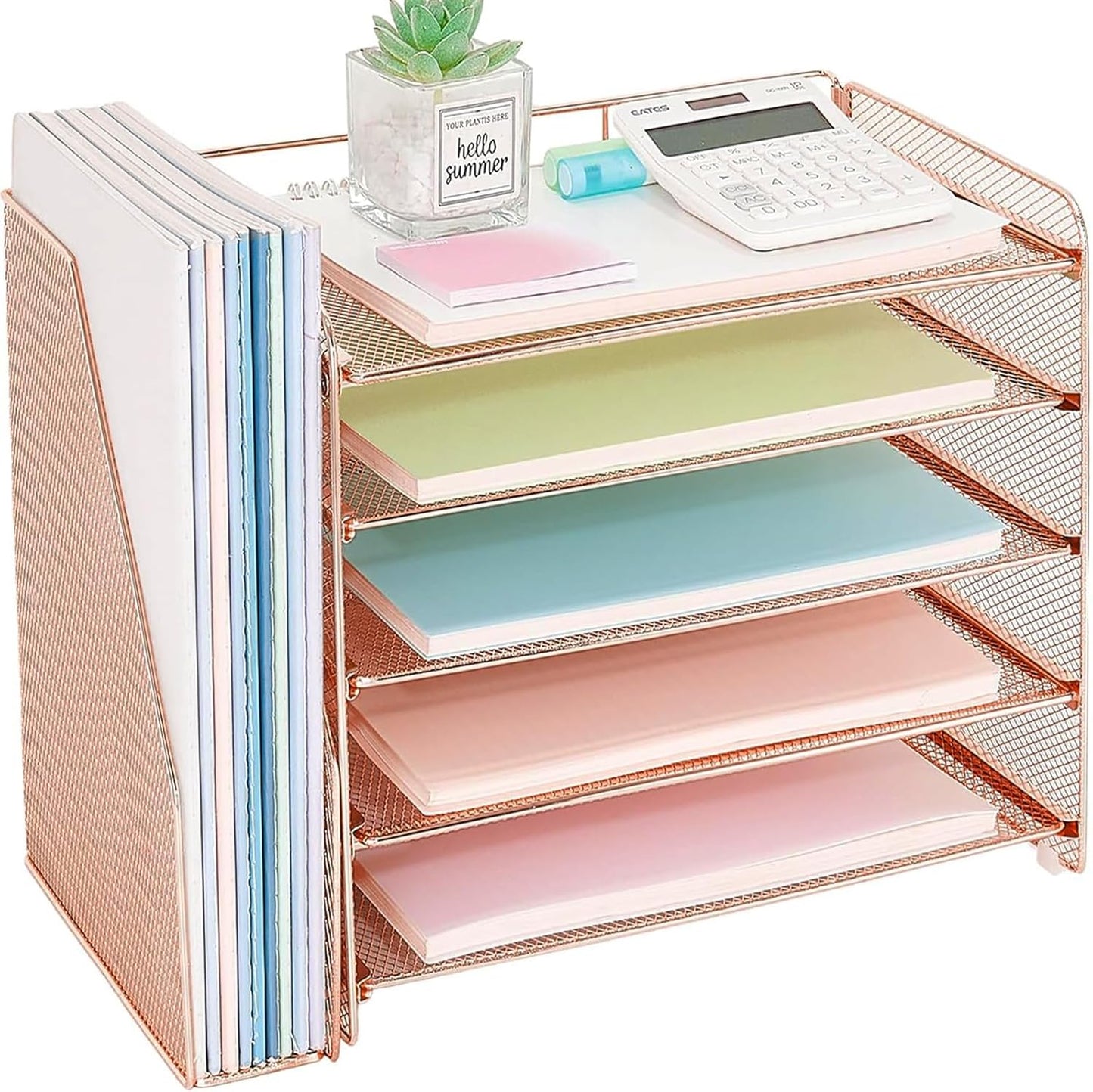 Desk Organizer, 5-Tier Paper Organizer Letter Tray with Magazine Holder, Office Desk Accessories & Workspace Organizers, Desktop File Organizer for Office Supplies Storage, Rose Gold