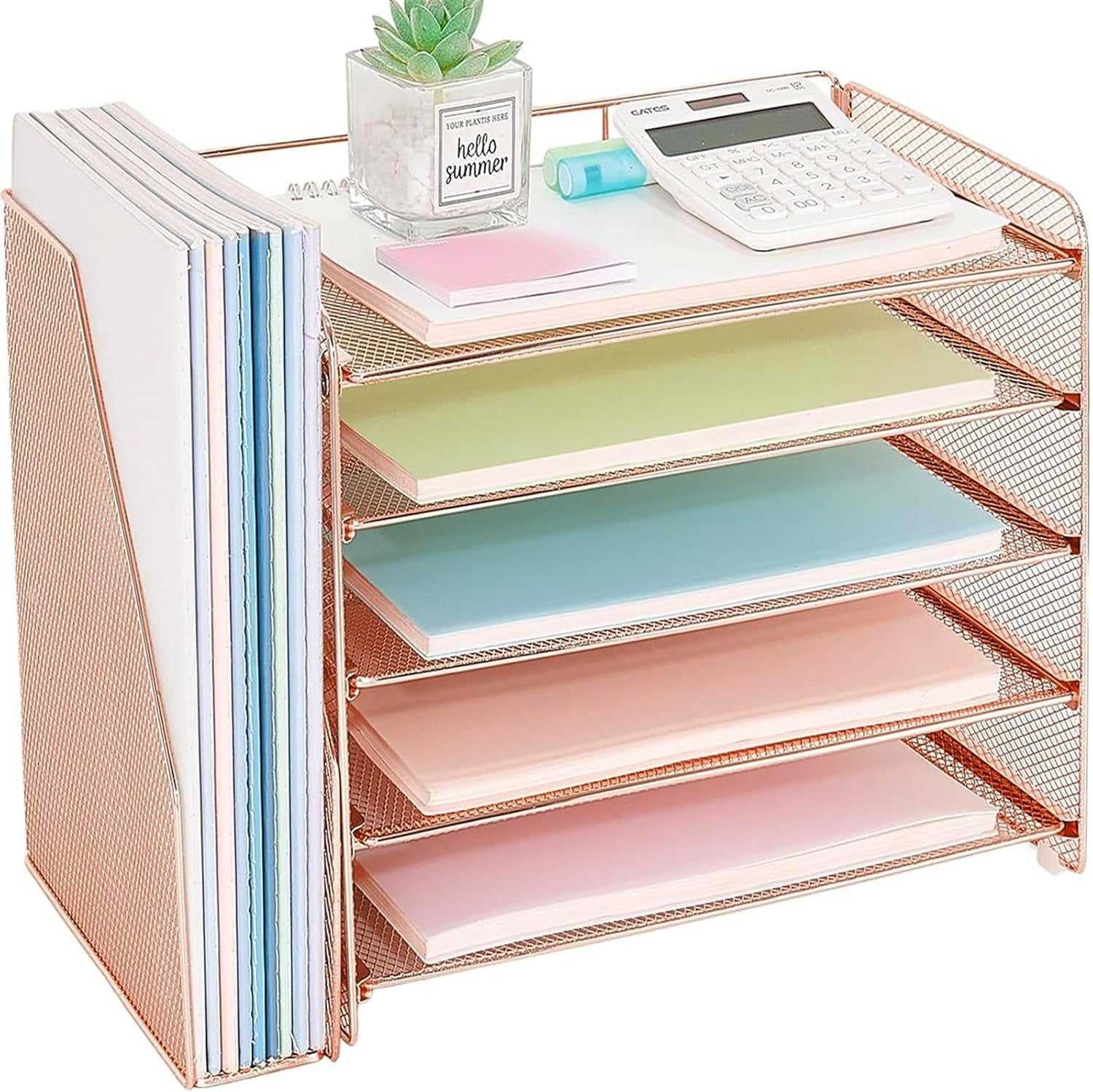 Desk Organizer, 5-Tier Paper Organizer Letter Tray with Magazine Holder, Office Desk Accessories & Workspace Organizers, Desktop File Organizer for Office Supplies Storage, Rose Gold