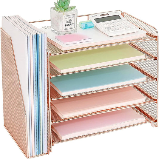 Desk Organizer, 5-Tier Paper Organizer Letter Tray with Magazine Holder, Office Desk Accessories & Workspace Organizers, Desktop File Organizer for Office Supplies Storage, Rose Gold