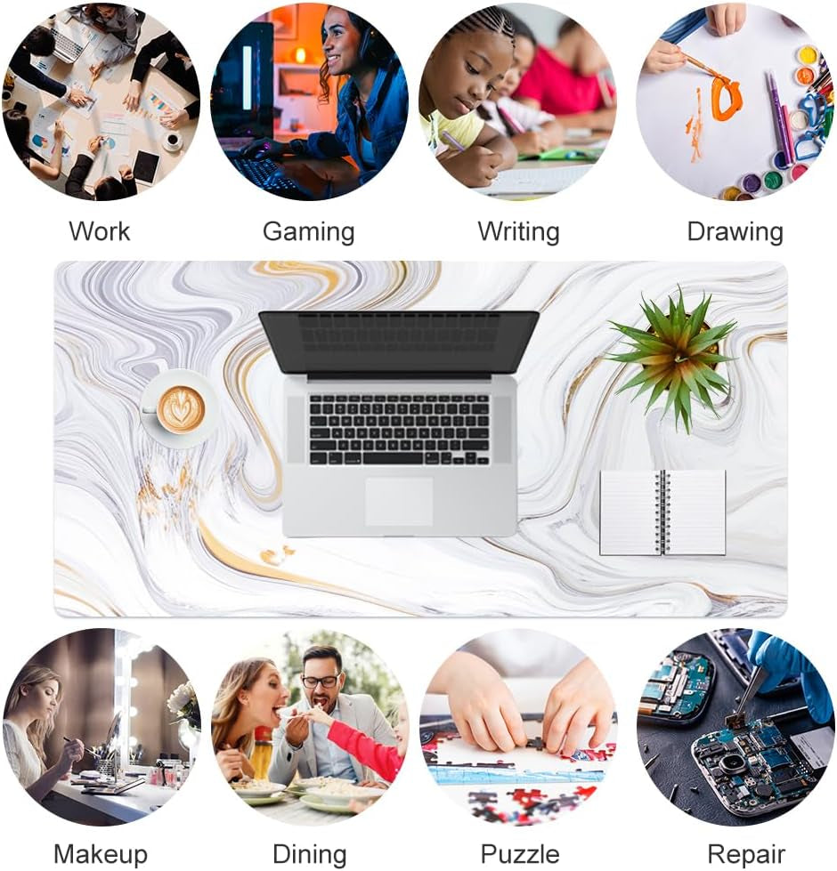 Luxurious White Marble Mouse Pad - Extra Large PU Leather Desk Mat for Ultimate Comfort and Style