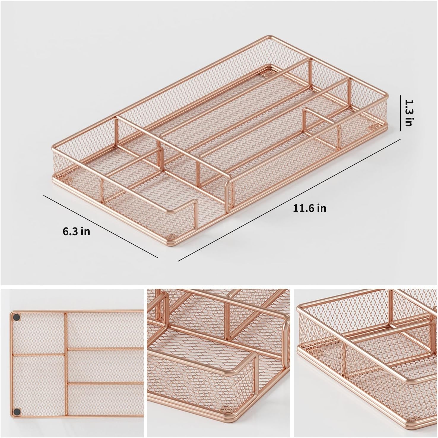 Elevate Your Workspace with Our Rose Gold Desk Drawer Organizer - 6 Compartment Mesh Organizer for Office Supplies and Tools