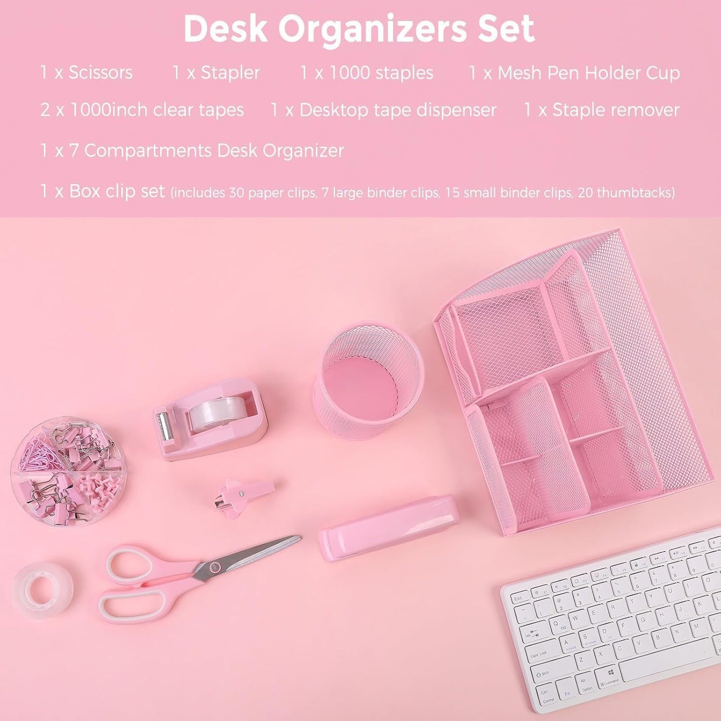 Pink Desk Accessories, Pink Office Supplies Set, Mesh Desk Organizer, Stapler, Tape Dispenser, Scissors, Binder/Paper Clips and 1000Pcs Staples, Desk Organizer for Women, Gifts