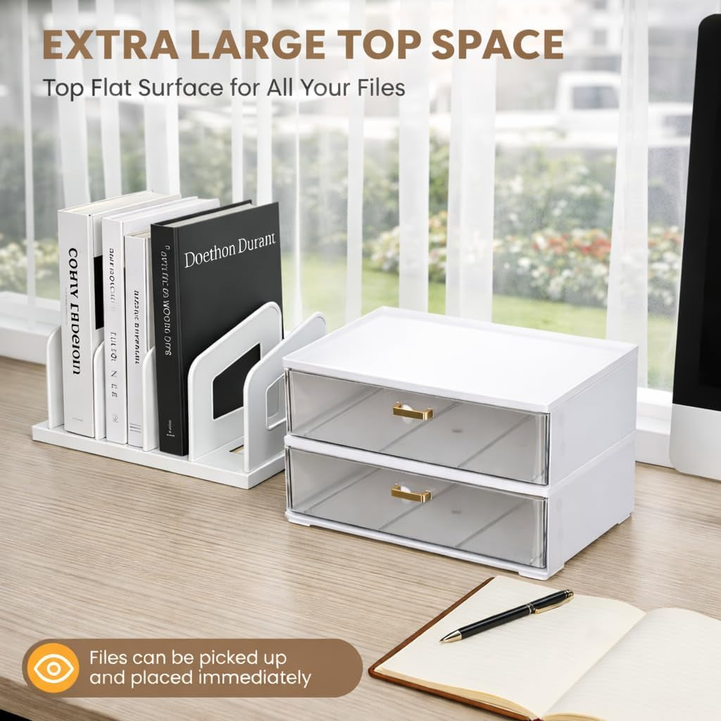 Sleek White Acrylic Desk Organizer with Adjustable Drawer and Vertical File Holder - Perfect for Home and Office