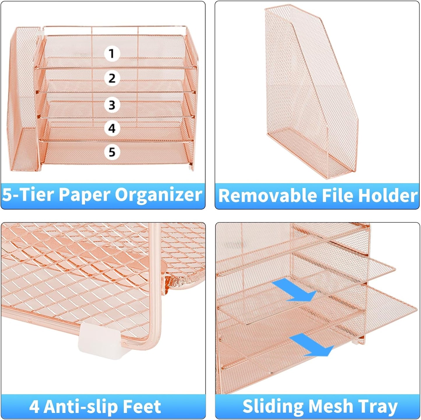 Desk Organizer, 5-Tier Paper Organizer Letter Tray with Magazine Holder, Office Desk Accessories & Workspace Organizers, Desktop File Organizer for Office Supplies Storage, Rose Gold