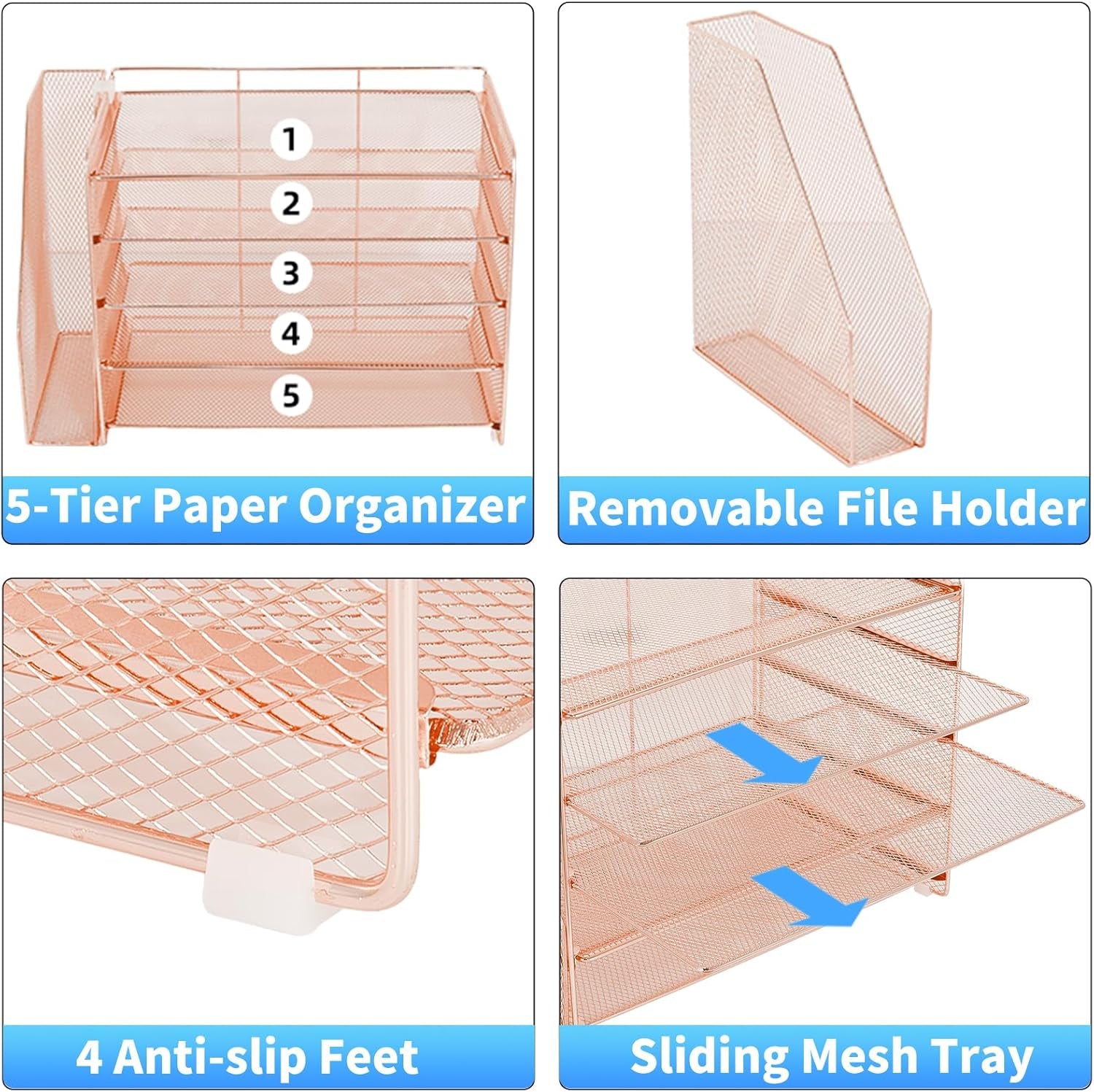 Desk Organizer, 5-Tier Paper Organizer Letter Tray with Magazine Holder, Office Desk Accessories & Workspace Organizers, Desktop File Organizer for Office Supplies Storage, Rose Gold