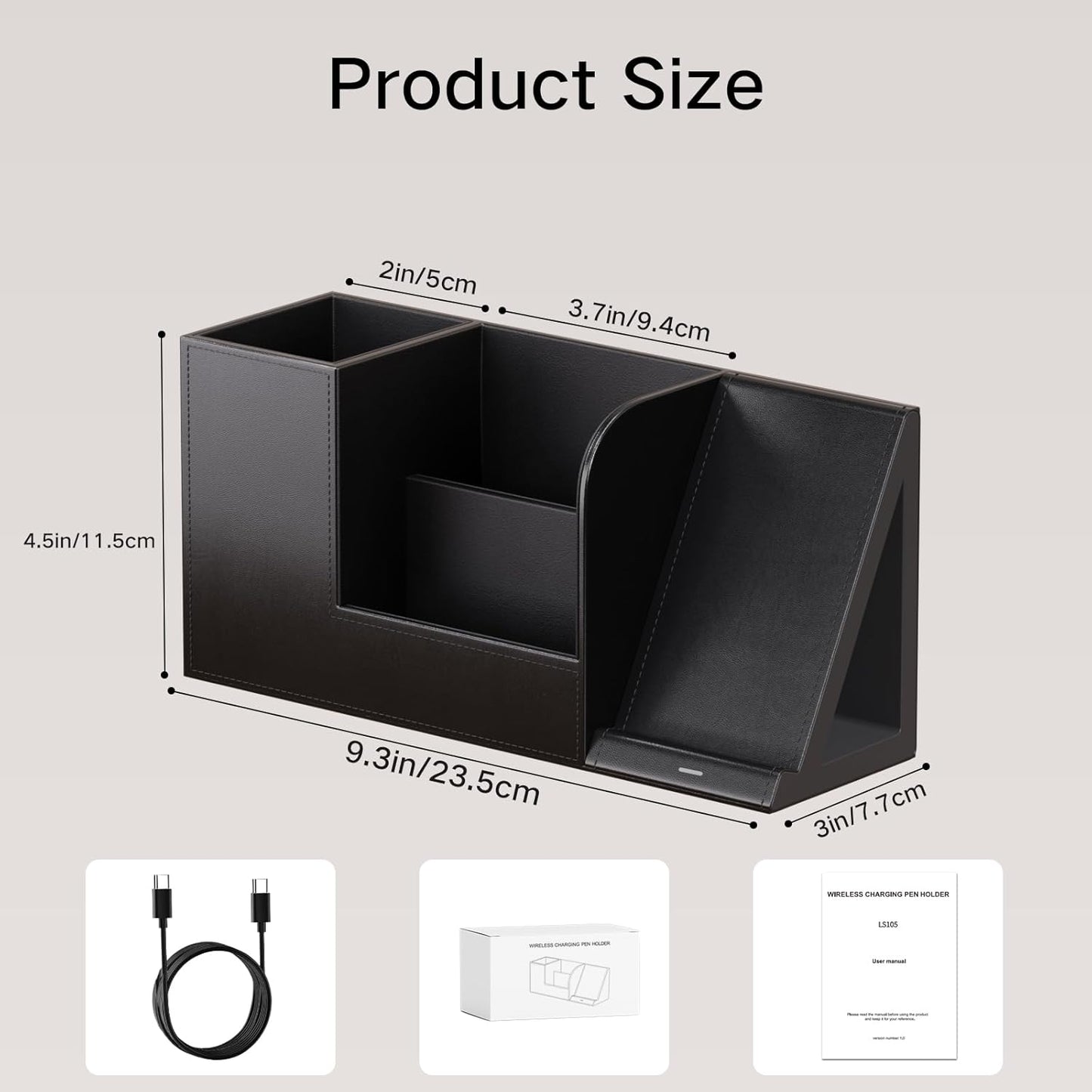 Sleek Black Vegan Leather Pen Organizer with Wireless Phone Charger - 4-Compartment Desk Storage Solution for Office and Home