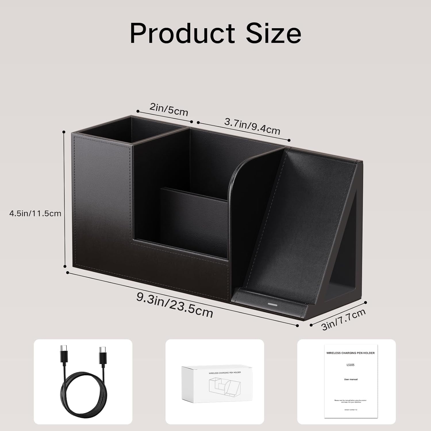 Sleek Black Vegan Leather Pen Organizer with Wireless Phone Charger - 4-Compartment Desk Storage Solution for Office and Home