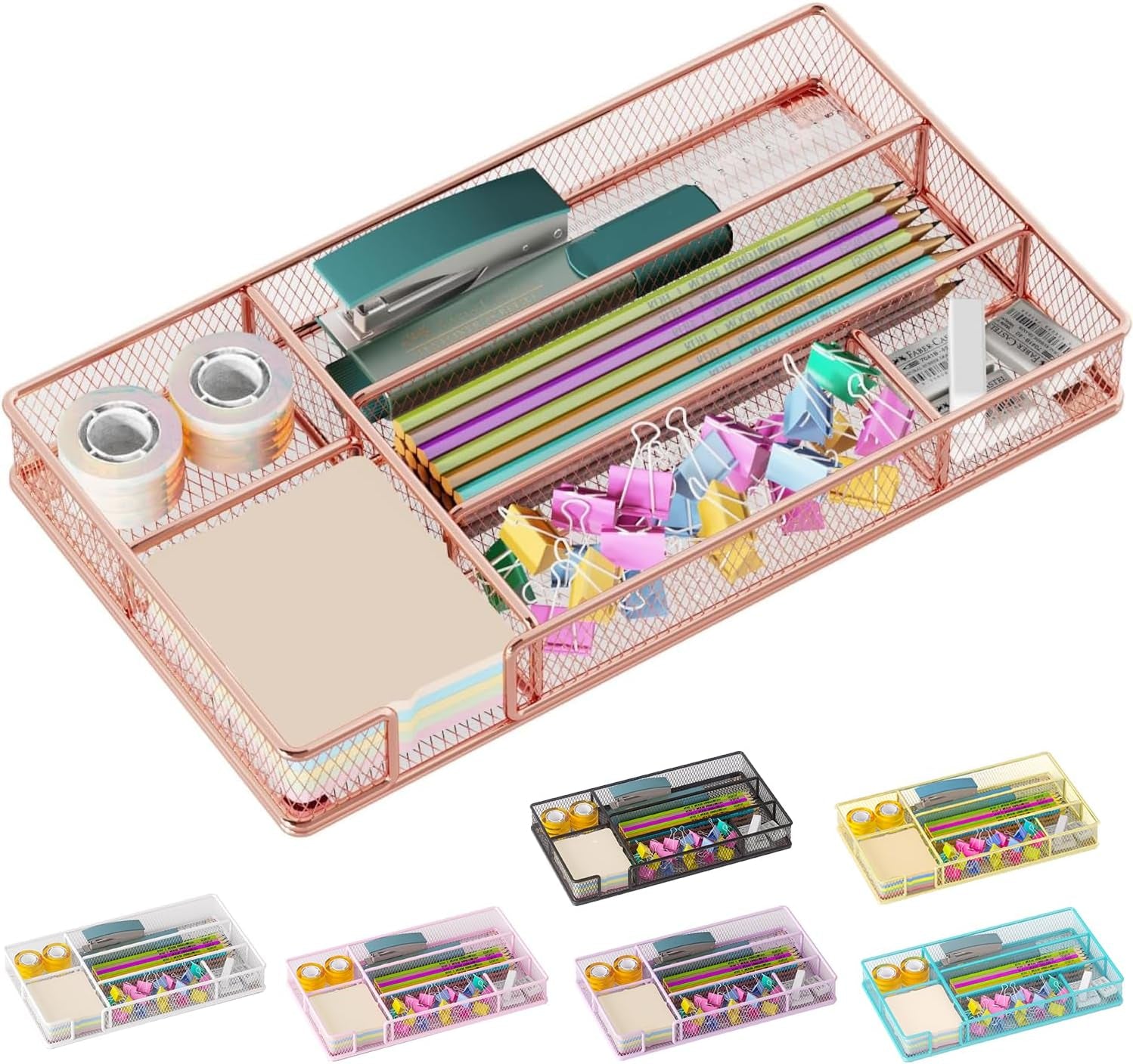 Elevate Your Workspace with Our Rose Gold Desk Drawer Organizer - 6 Compartment Mesh Organizer for Office Supplies and Tools