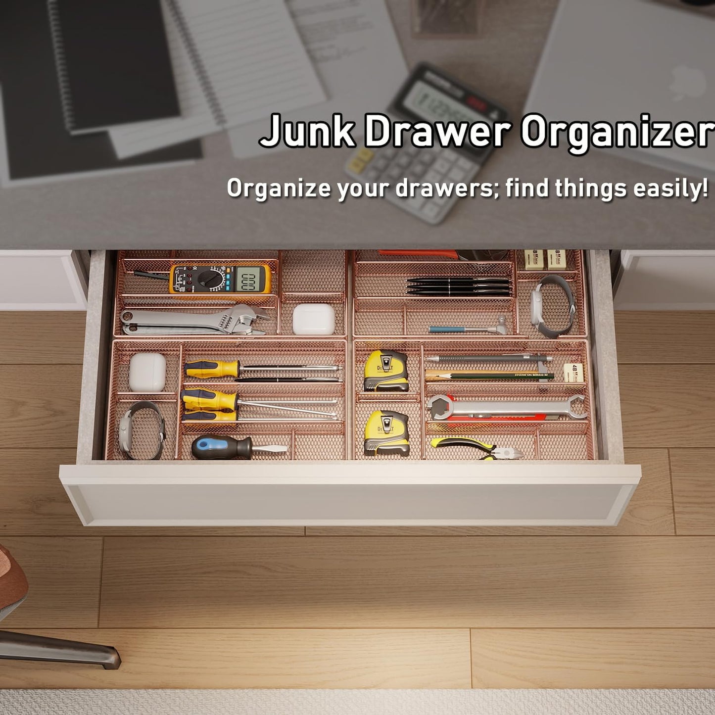 Elevate Your Workspace with Our Rose Gold Desk Drawer Organizer - 6 Compartment Mesh Organizer for Office Supplies and Tools