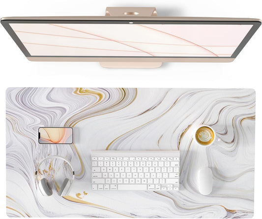 Luxurious White Marble Mouse Pad - Extra Large PU Leather Desk Mat for Ultimate Comfort and Style