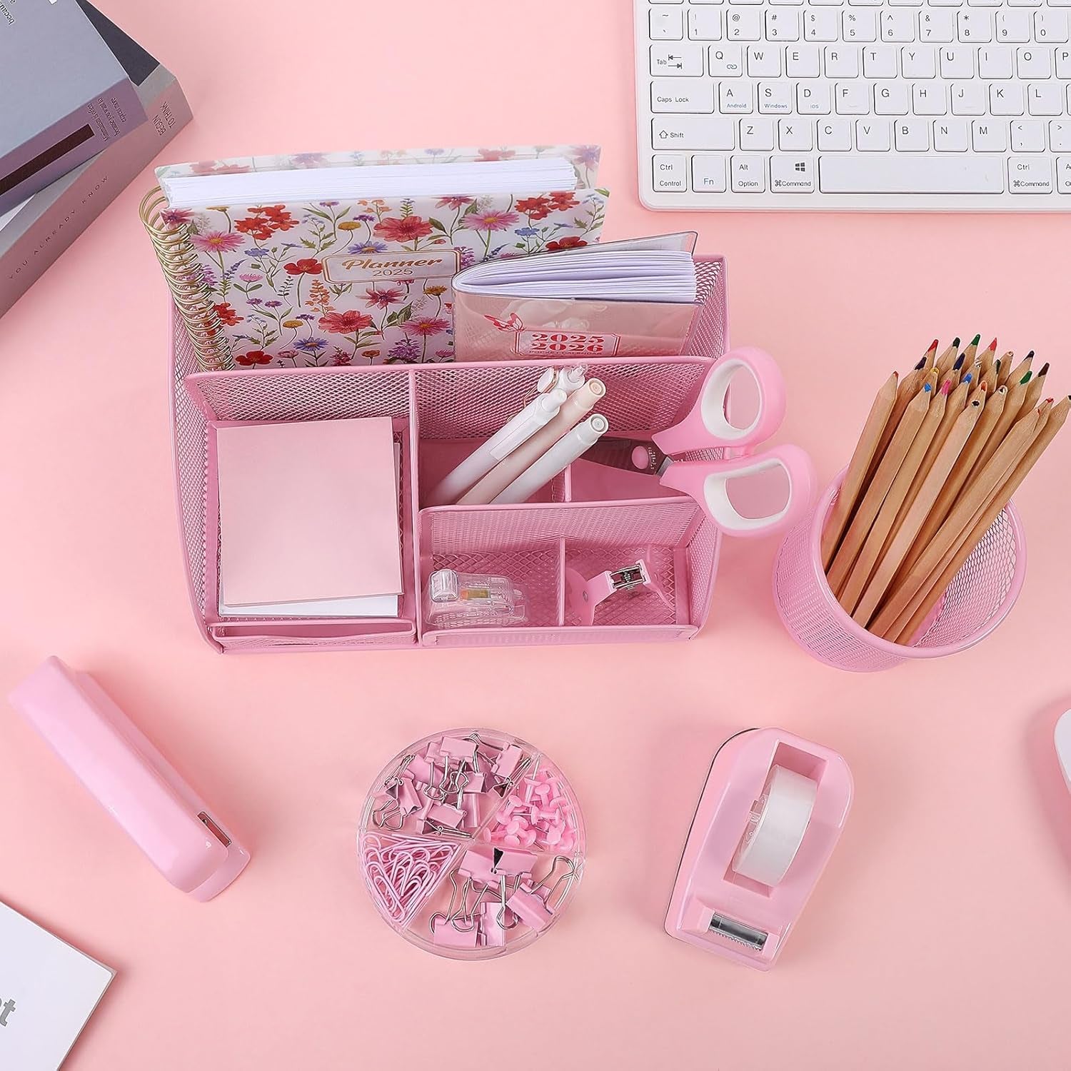 Pink Desk Accessories, Pink Office Supplies Set, Mesh Desk Organizer, Stapler, Tape Dispenser, Scissors, Binder/Paper Clips and 1000Pcs Staples, Desk Organizer for Women, Gifts