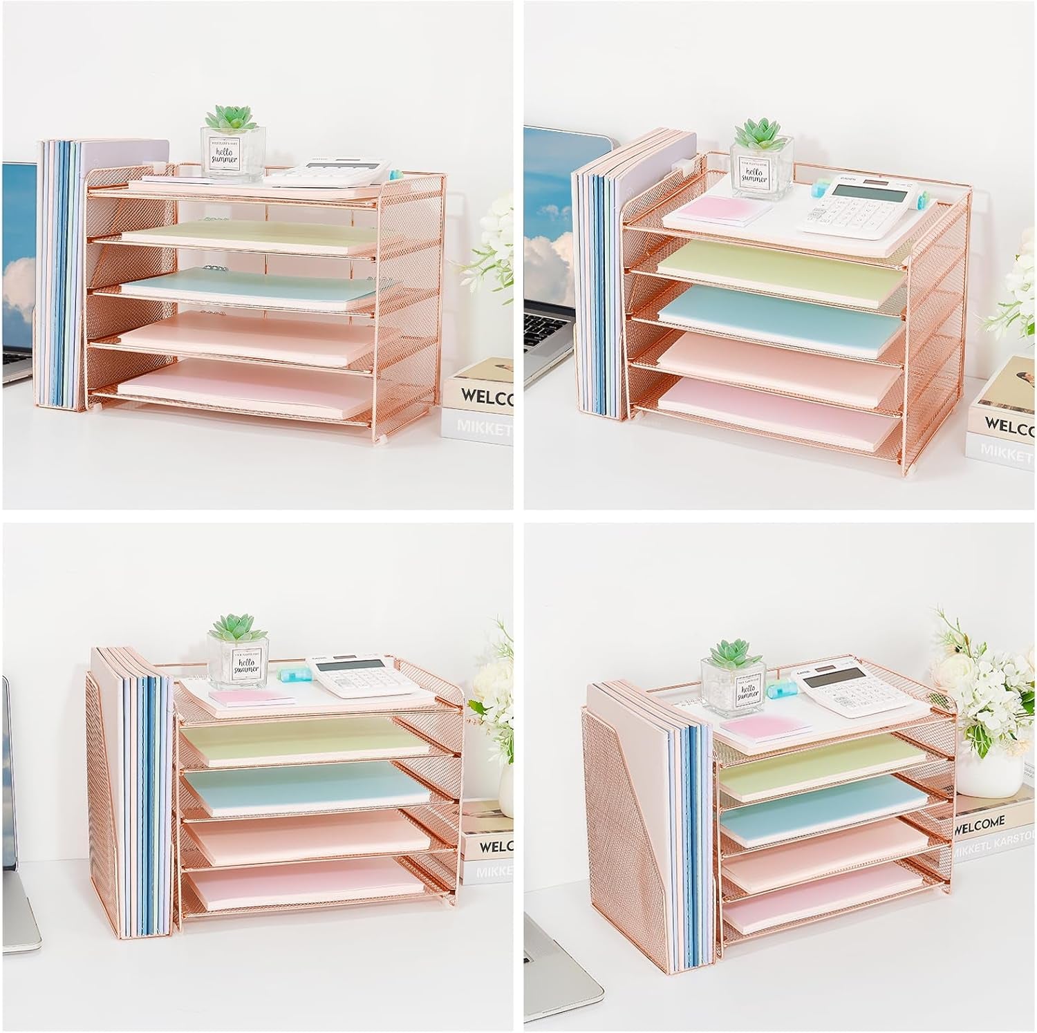 Desk Organizer, 5-Tier Paper Organizer Letter Tray with Magazine Holder, Office Desk Accessories & Workspace Organizers, Desktop File Organizer for Office Supplies Storage, Rose Gold