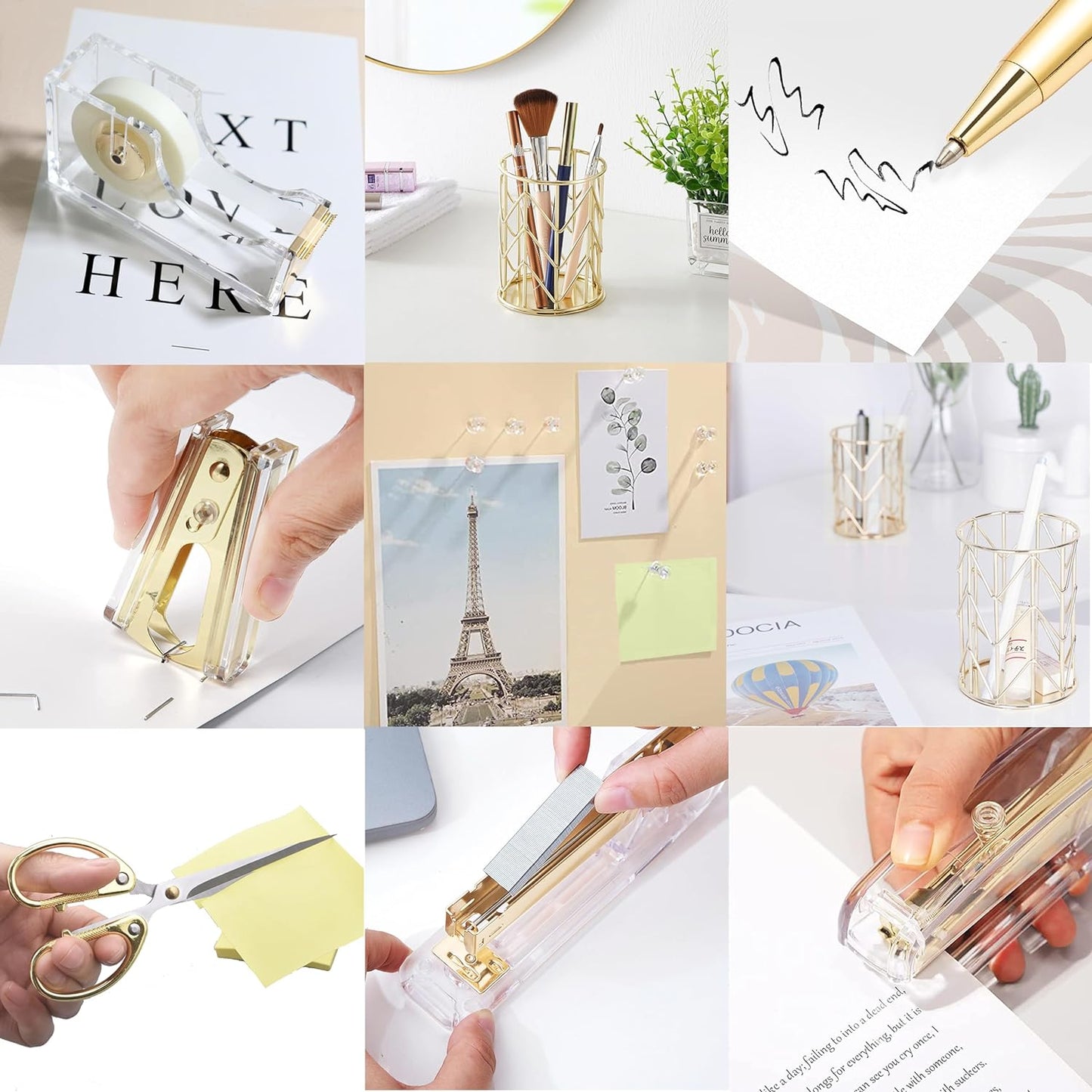 Gold Acrylic Desk Accessories Set - Stapler, Tape Holder, Pen Holder & Scissors