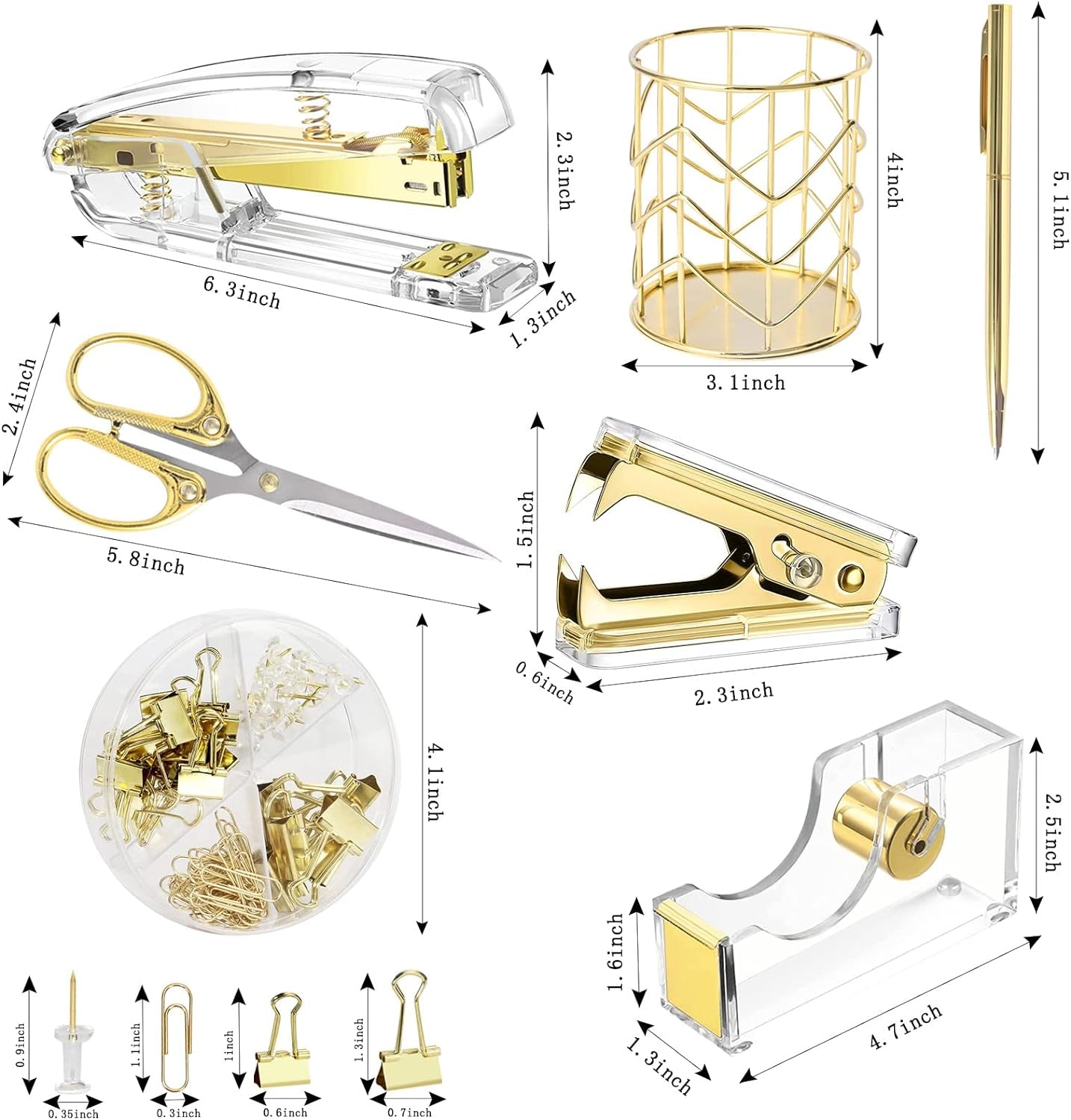 Gold Acrylic Desk Accessories Set - Stapler, Tape Holder, Pen Holder & Scissors