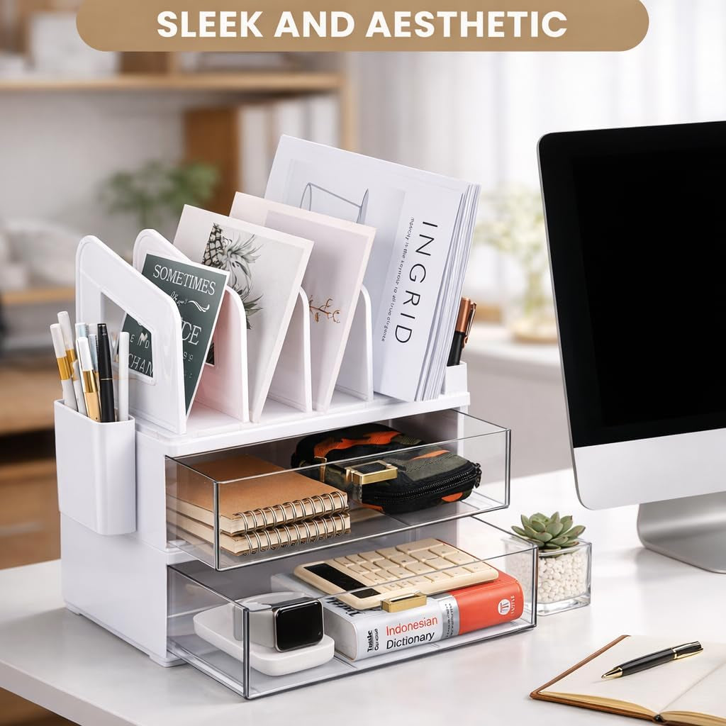Sleek White Acrylic Desk Organizer with Adjustable Drawer and Vertical File Holder - Perfect for Home and Office