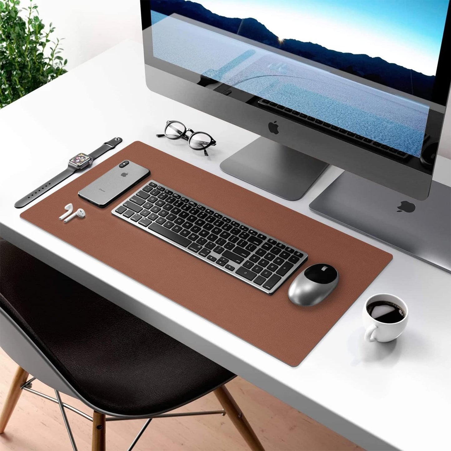 Double-Sided PU Leather Desk Pad - Non-Slip Waterproof Mouse Mat (Brown)