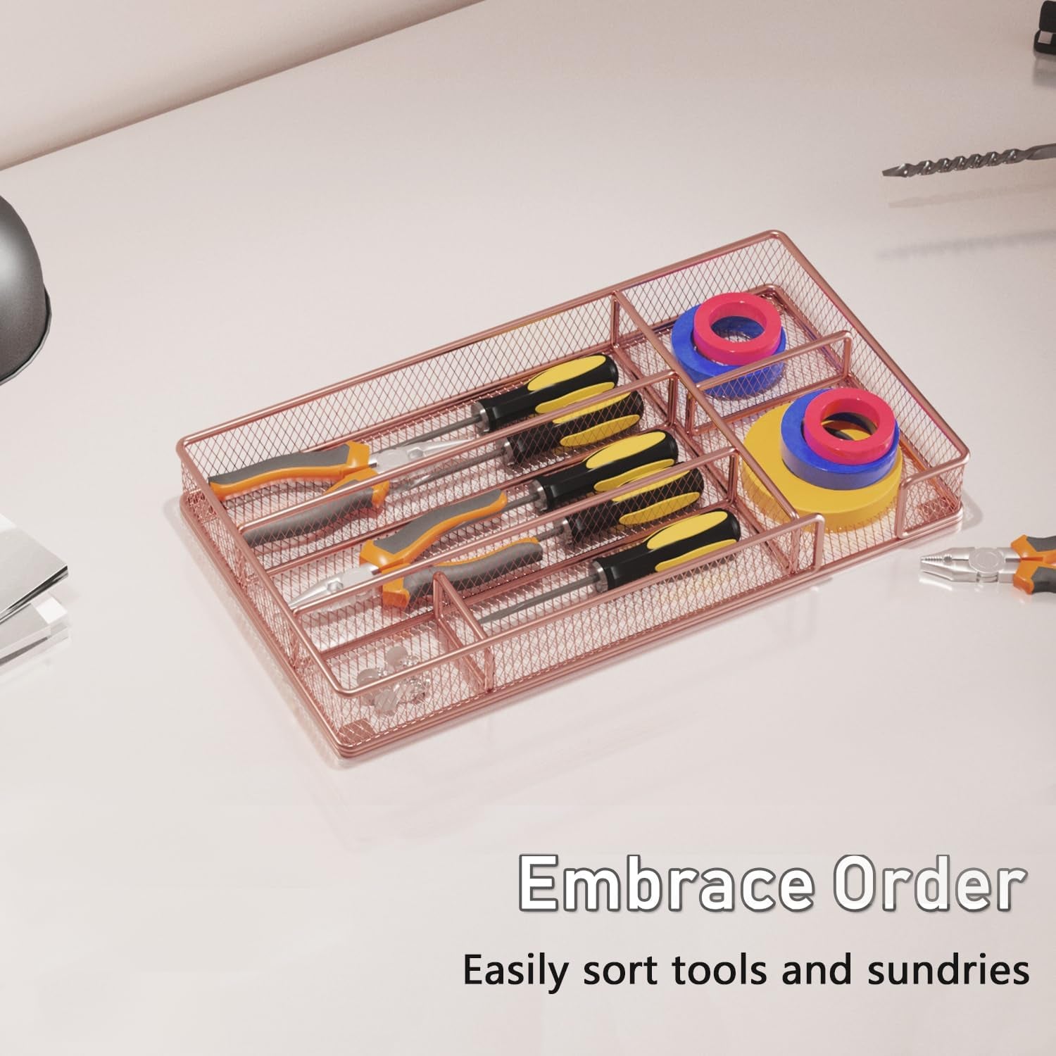 Elevate Your Workspace with Our Rose Gold Desk Drawer Organizer - 6 Compartment Mesh Organizer for Office Supplies and Tools