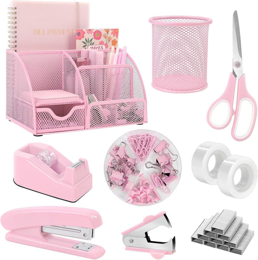 Pink Desk Accessories, Pink Office Supplies Set, Mesh Desk Organizer, Stapler, Tape Dispenser, Scissors, Binder/Paper Clips and 1000Pcs Staples, Desk Organizer for Women, Gifts