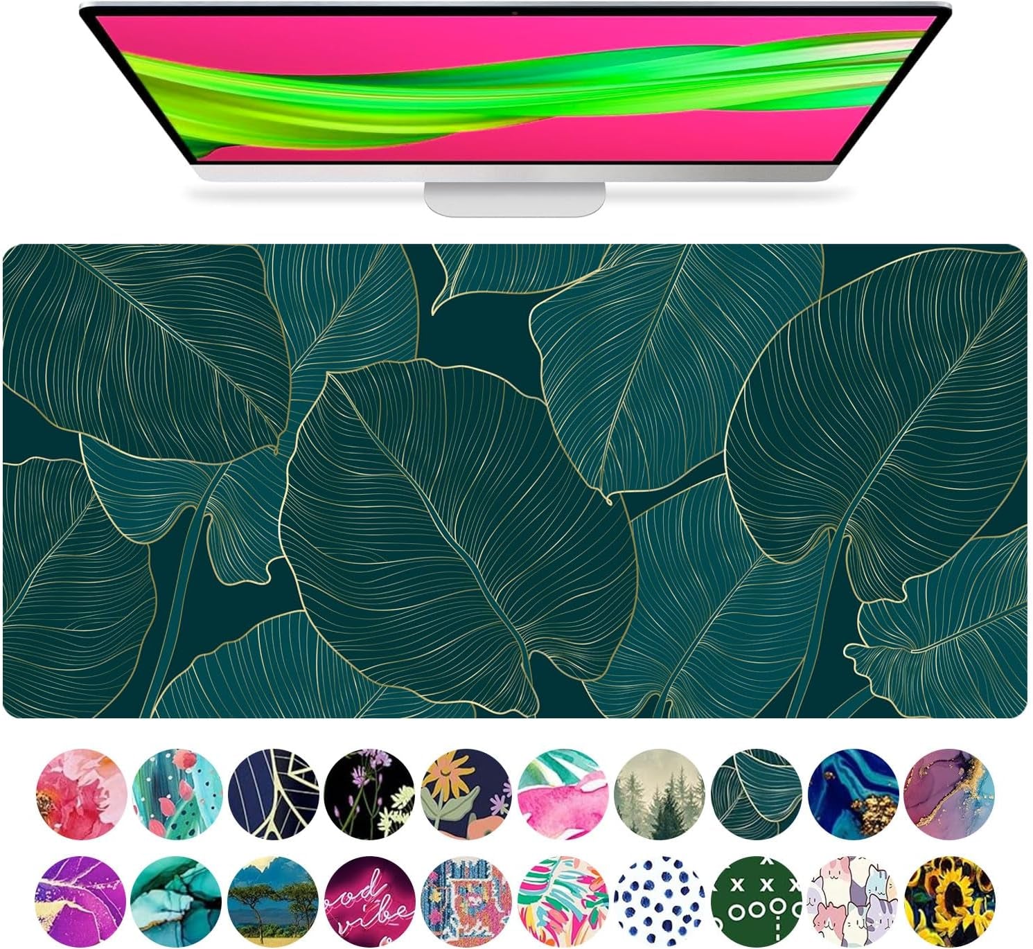 XL Green Leaves Desk Mat & Mouse Pad - Large Keyboard Pad for Women