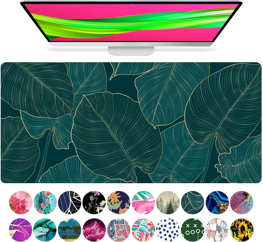 XL Green Leaves Desk Mat & Mouse Pad - Large Keyboard Pad for Women